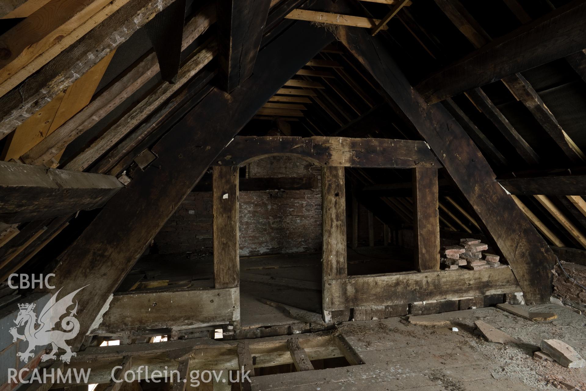 Second floor, fourth bay, roof truss looking towards third bay.