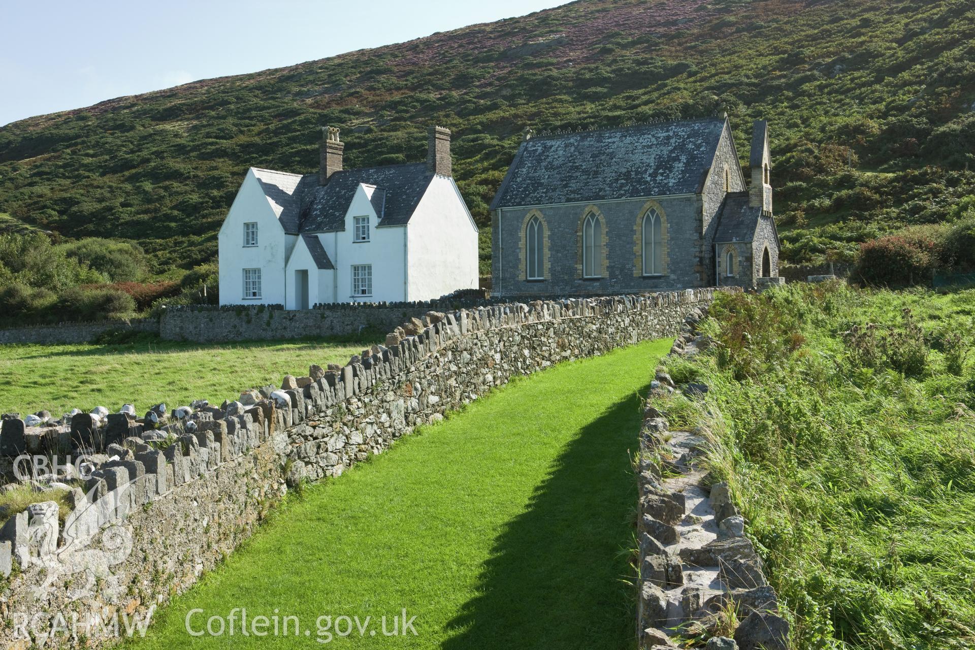 Ty Capel and Enlli Chapel from the west.