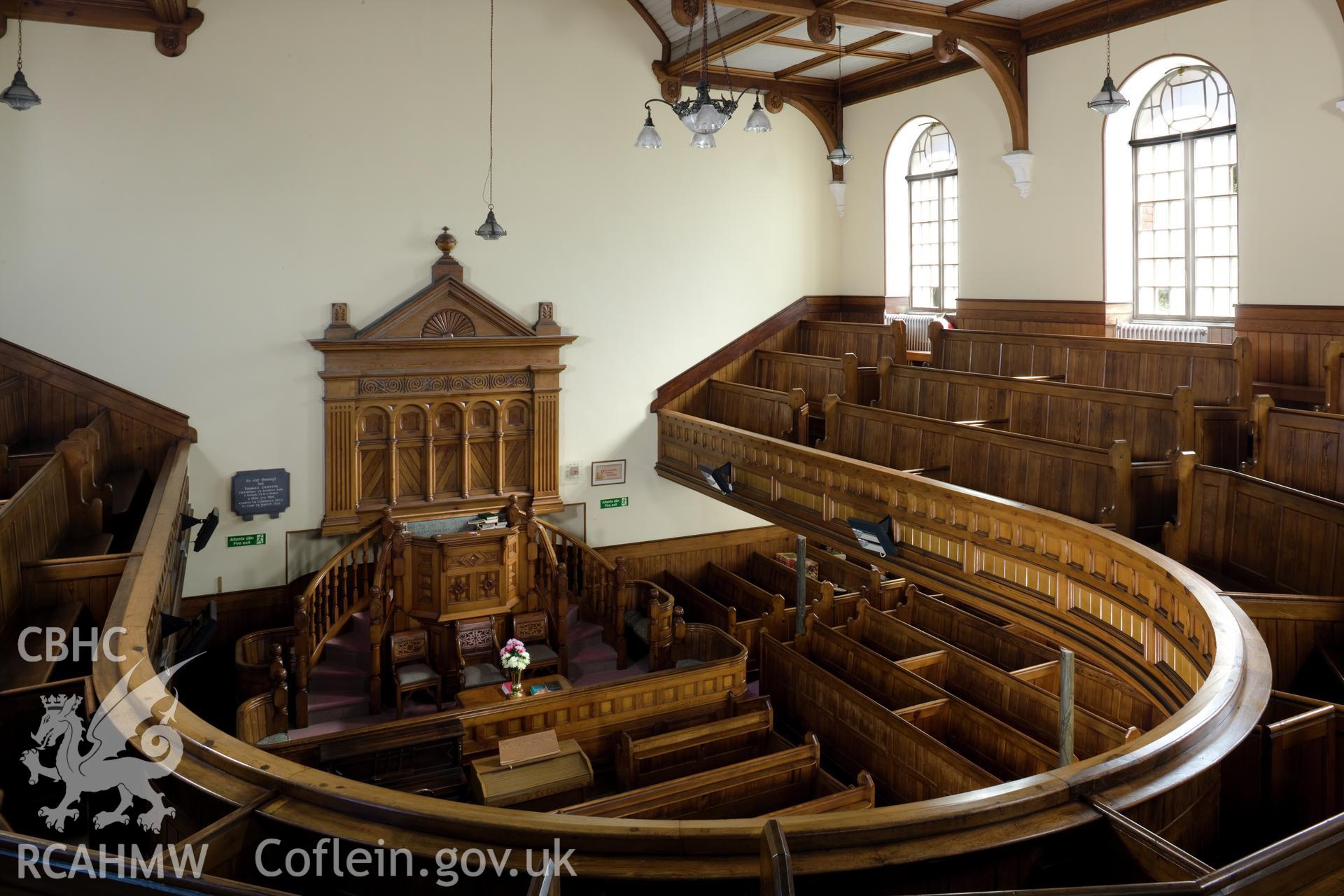 Interior, Sedd fawr oblique from the gallery, viewed from the west.