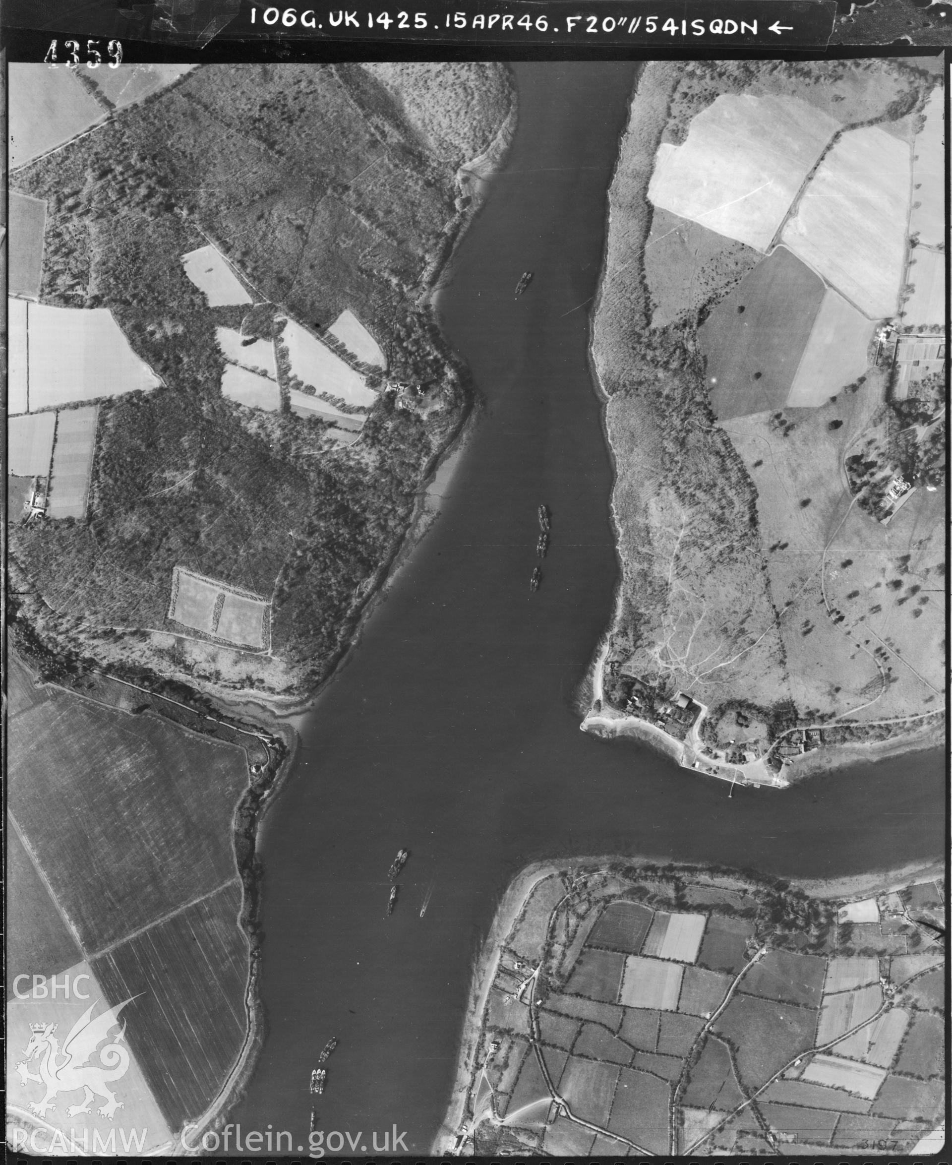 Black and white vertical aerial photograph taken by the RAF on 15/04/1946 centred on SN03840645 at a scale of 1:10000. The photograph includes part of Lawrenny in Pembrokeshire.