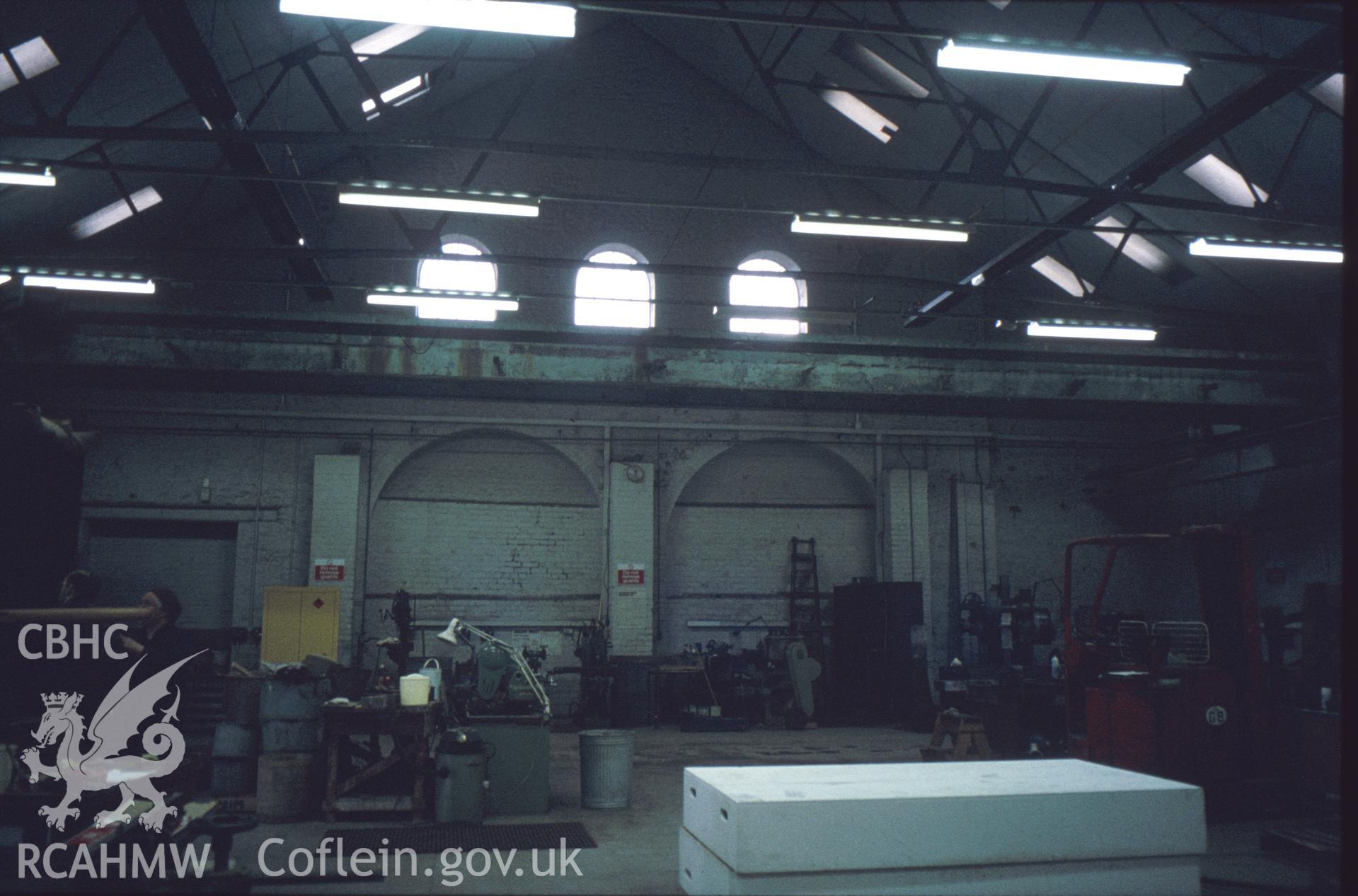 Colour slide of Morfa Copperworks Rolling Shed: showing the inside of the south end of the north-east wall.