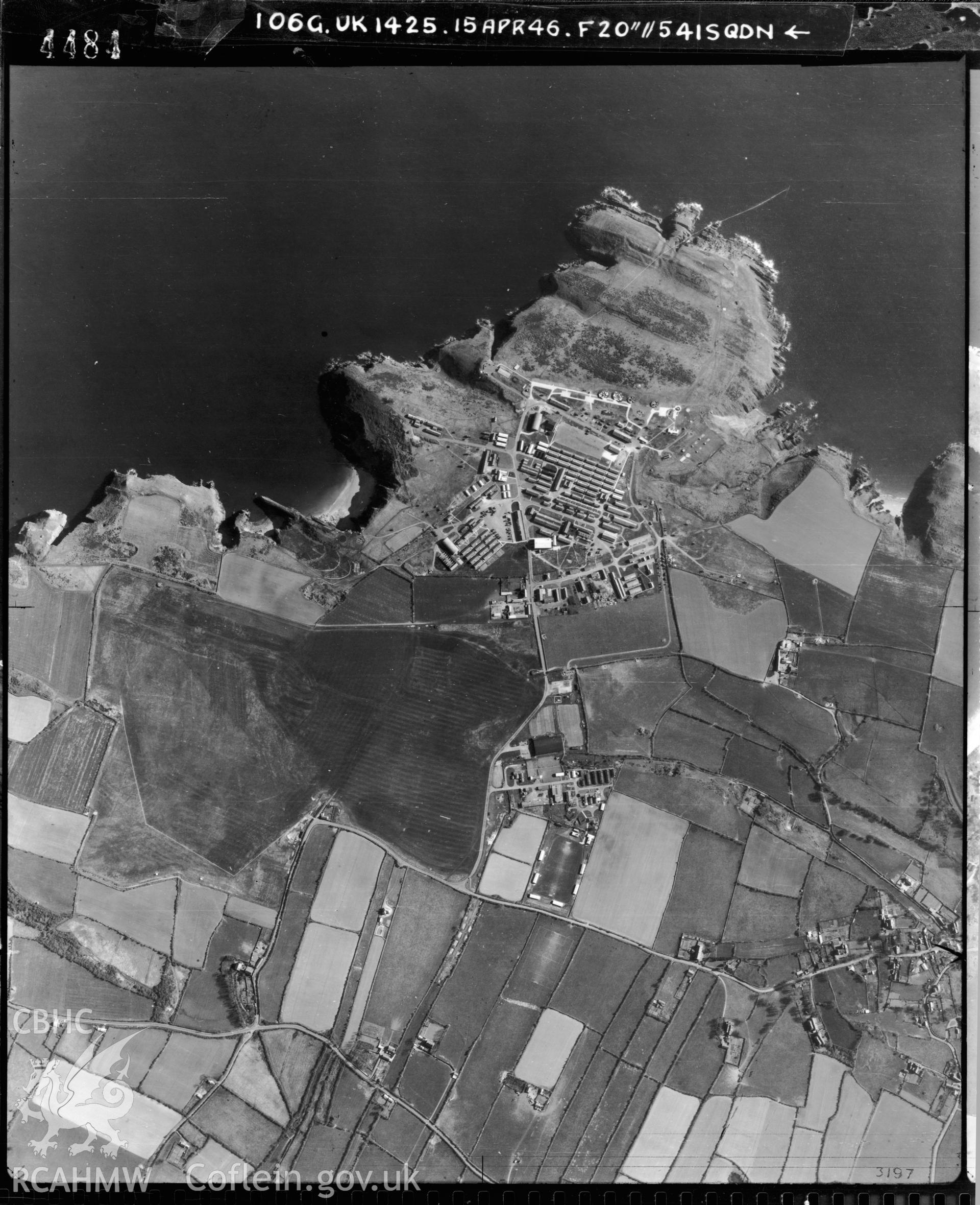 Black and white vertical aerial photograph taken by the RAF on 15/04/1946 centred on SS08159797 at a scale of 1:10000. The photograph includes part of Manorbier community in Pembrokeshire.