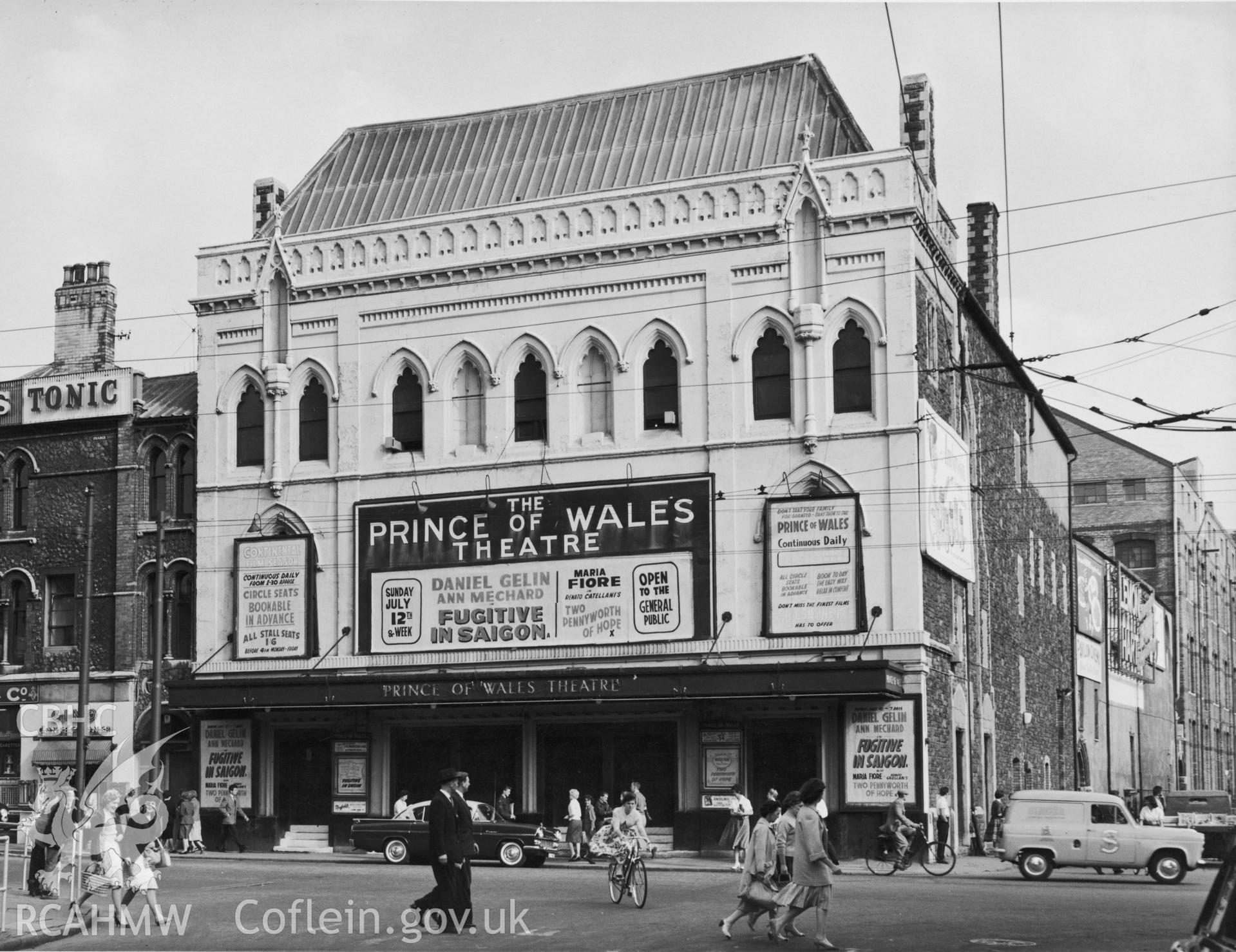 One black and white print of the Prince of Wales Theatre, Cardiff, showing the exterior. Undated but received by NBR on 22/03/1960.