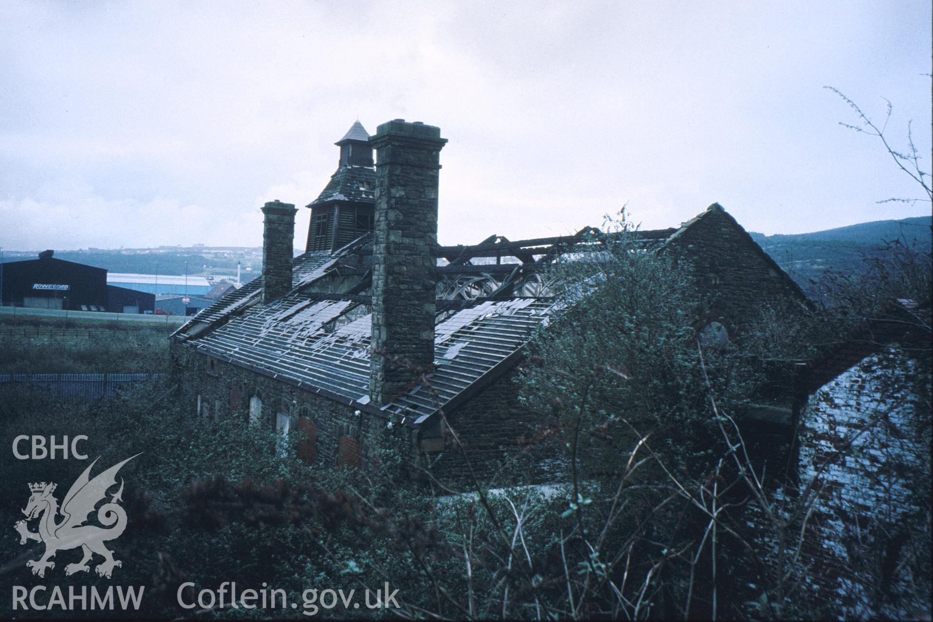 Colour slide of Morfa Copperworks Power House and Canteen: showing the south-west gable, and wrought iron arches.