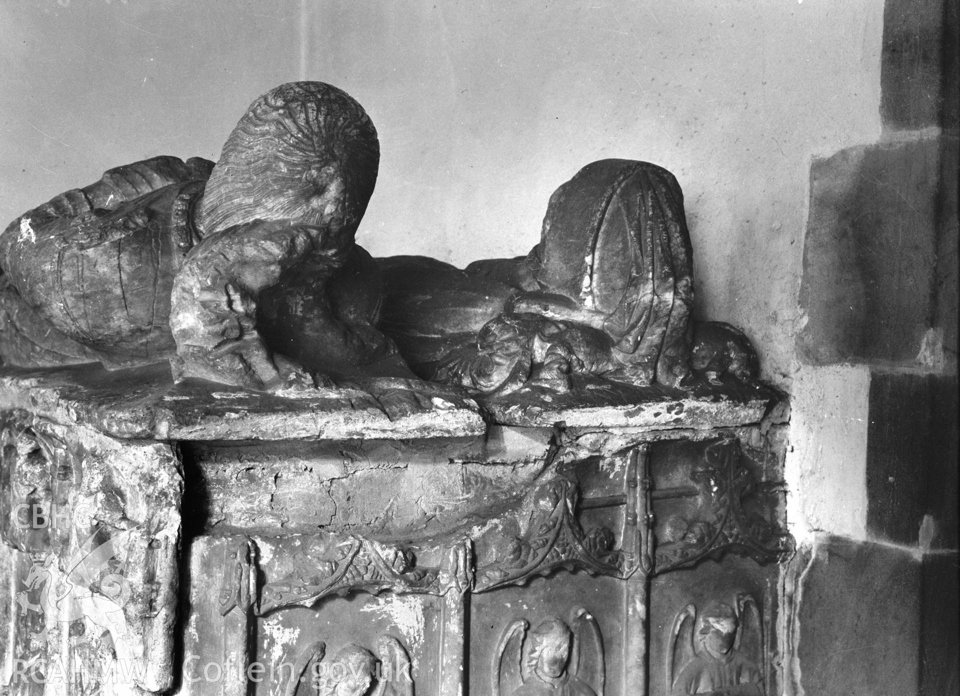 Digitised copy of a black and white negative showing memorial at St Tegai's Church, Llandegai, produced by RCAHMW before 1960