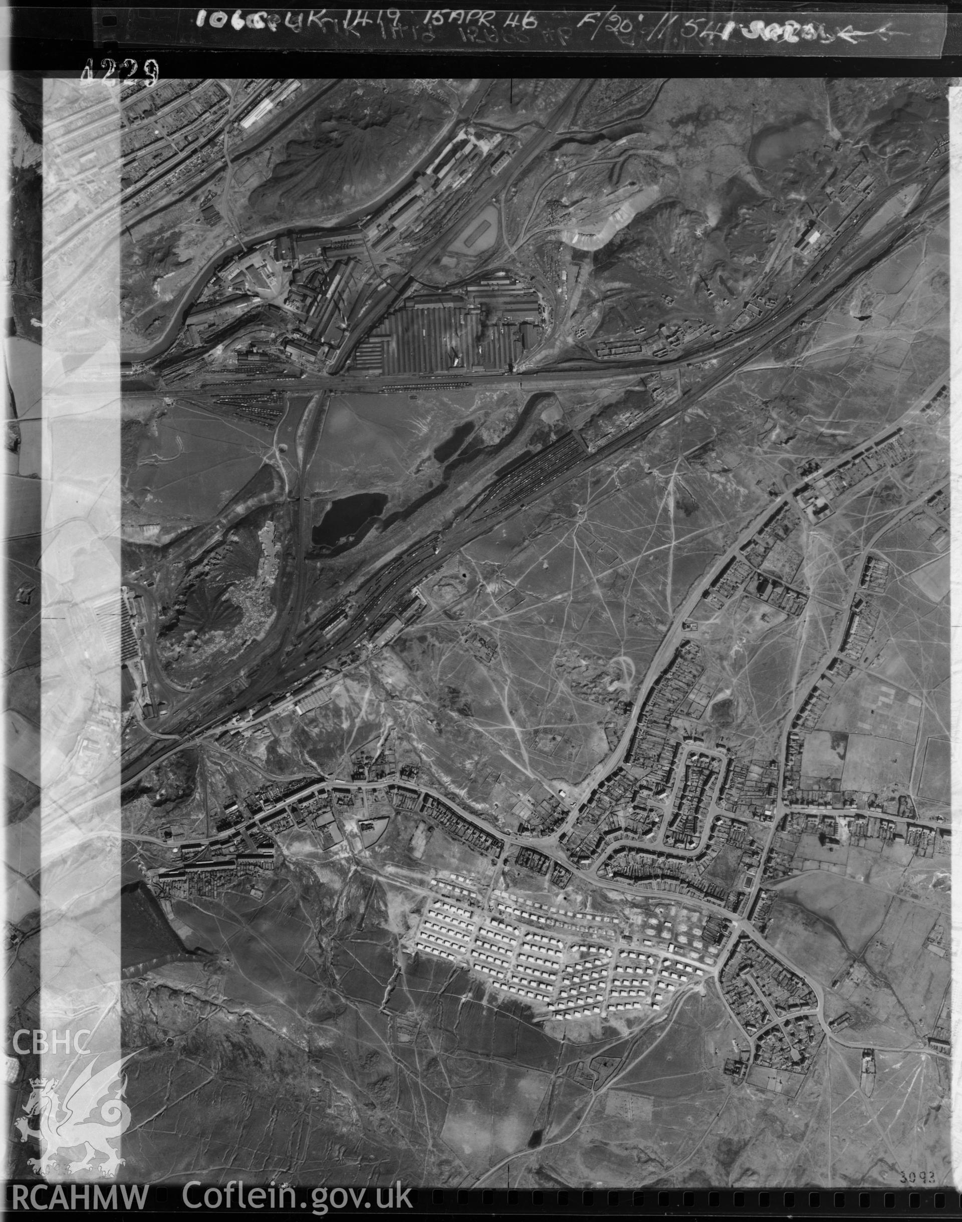 Black and white vertical aerial photograph taken by the RAF on 15/04/1946 centred on SS66669550 at a scale of 1:10000. The photograph includes part of Bonymaen community in Swansea.