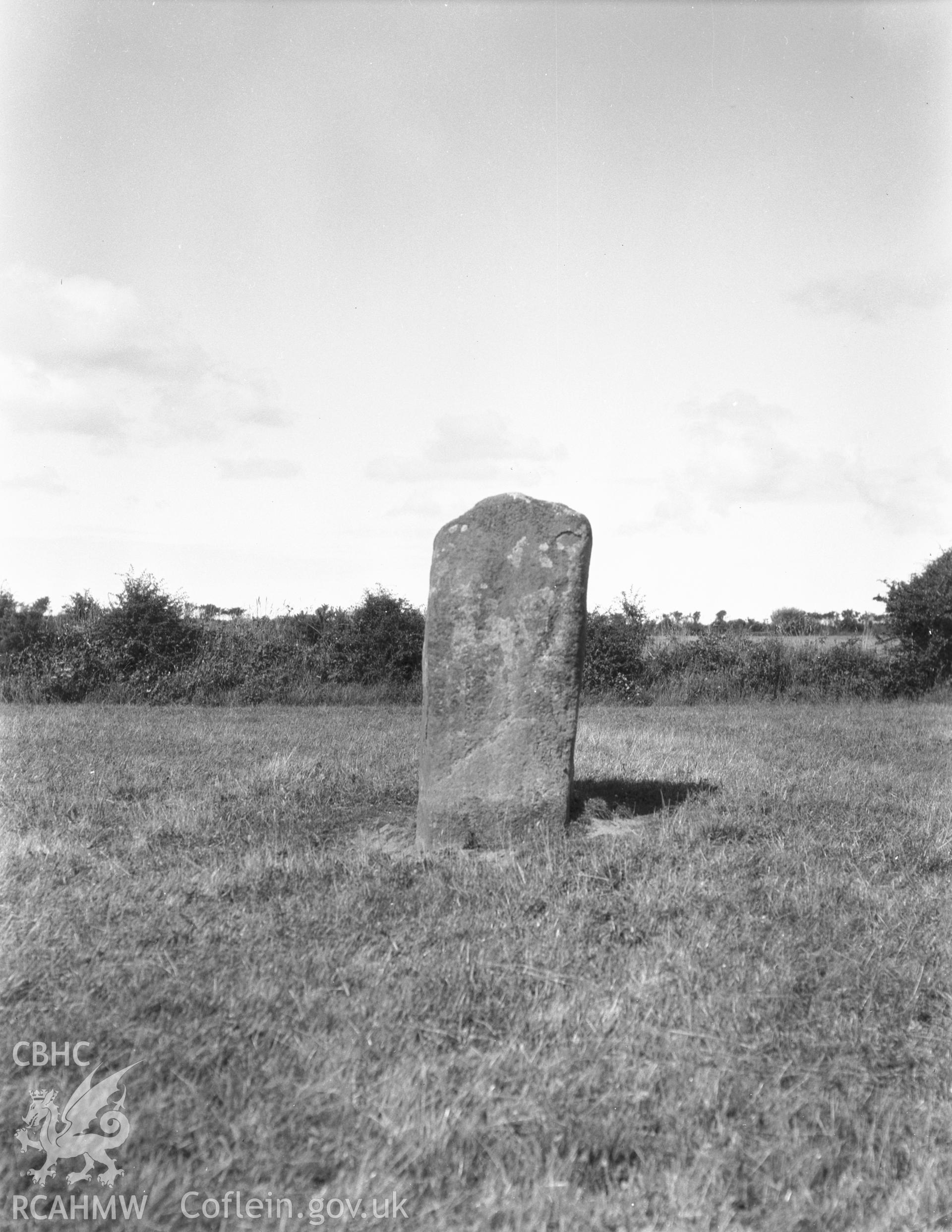 Black and white photograph showing Llys Einion Maenhir taken by RCAHMW before 1960.