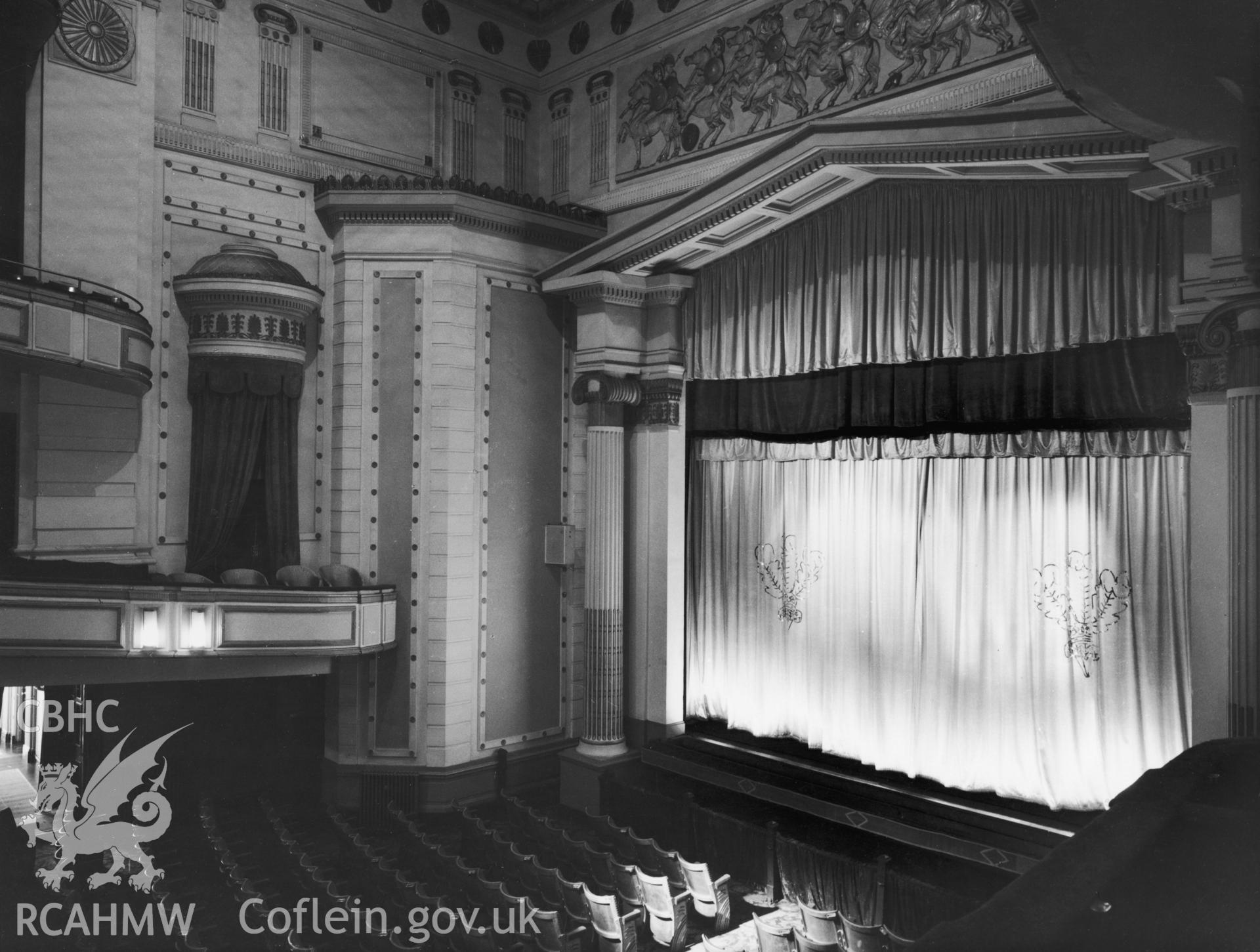 One black and white print of the Prince of Wales Theatre, Cardiff, showing the interior - stage and auditorium. Undated but received by NBR on 22/03/1960.