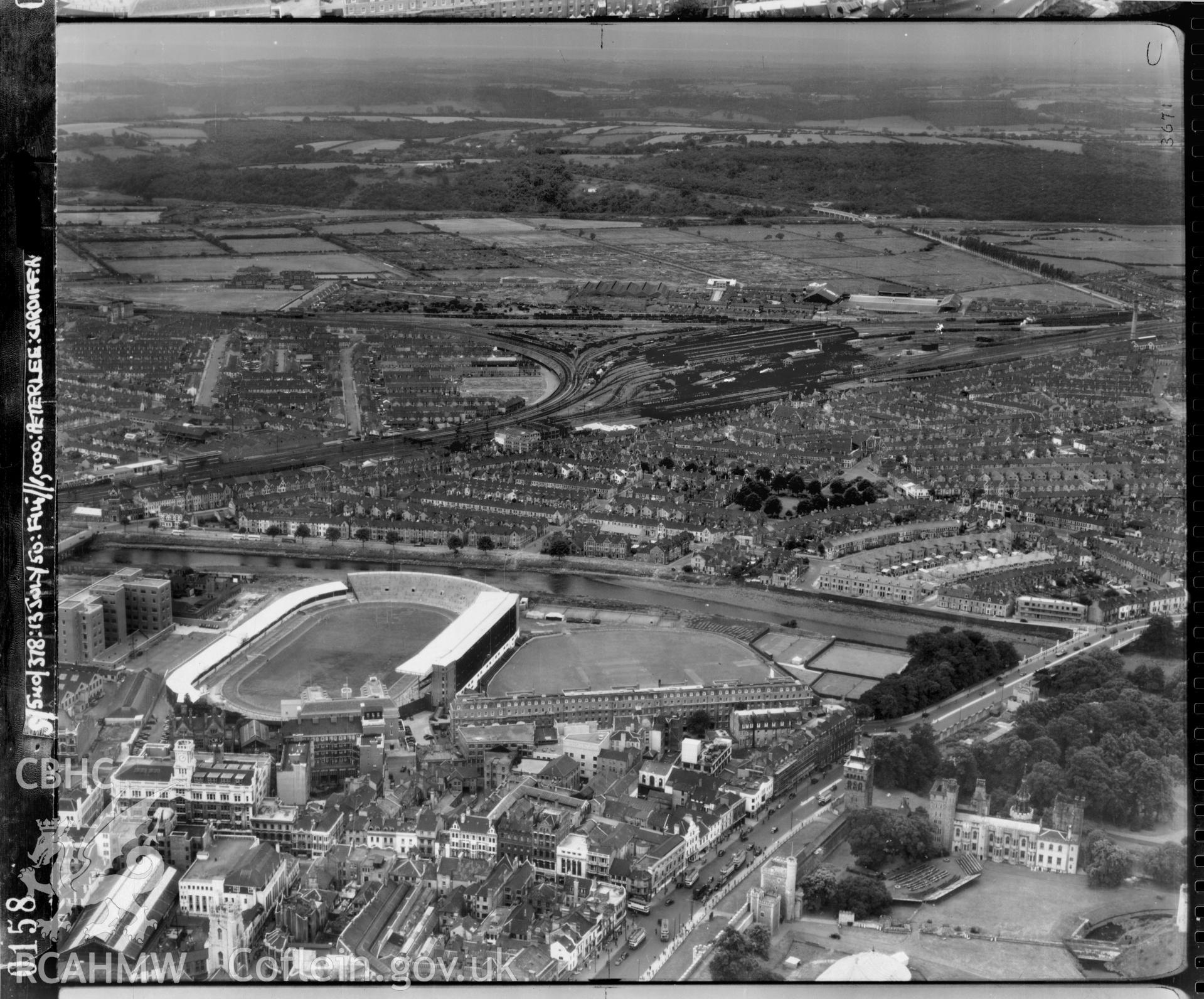 Black and white low level oblique aerial photograph taken by the RAF 1950 centred on Cardiff Arms Park.