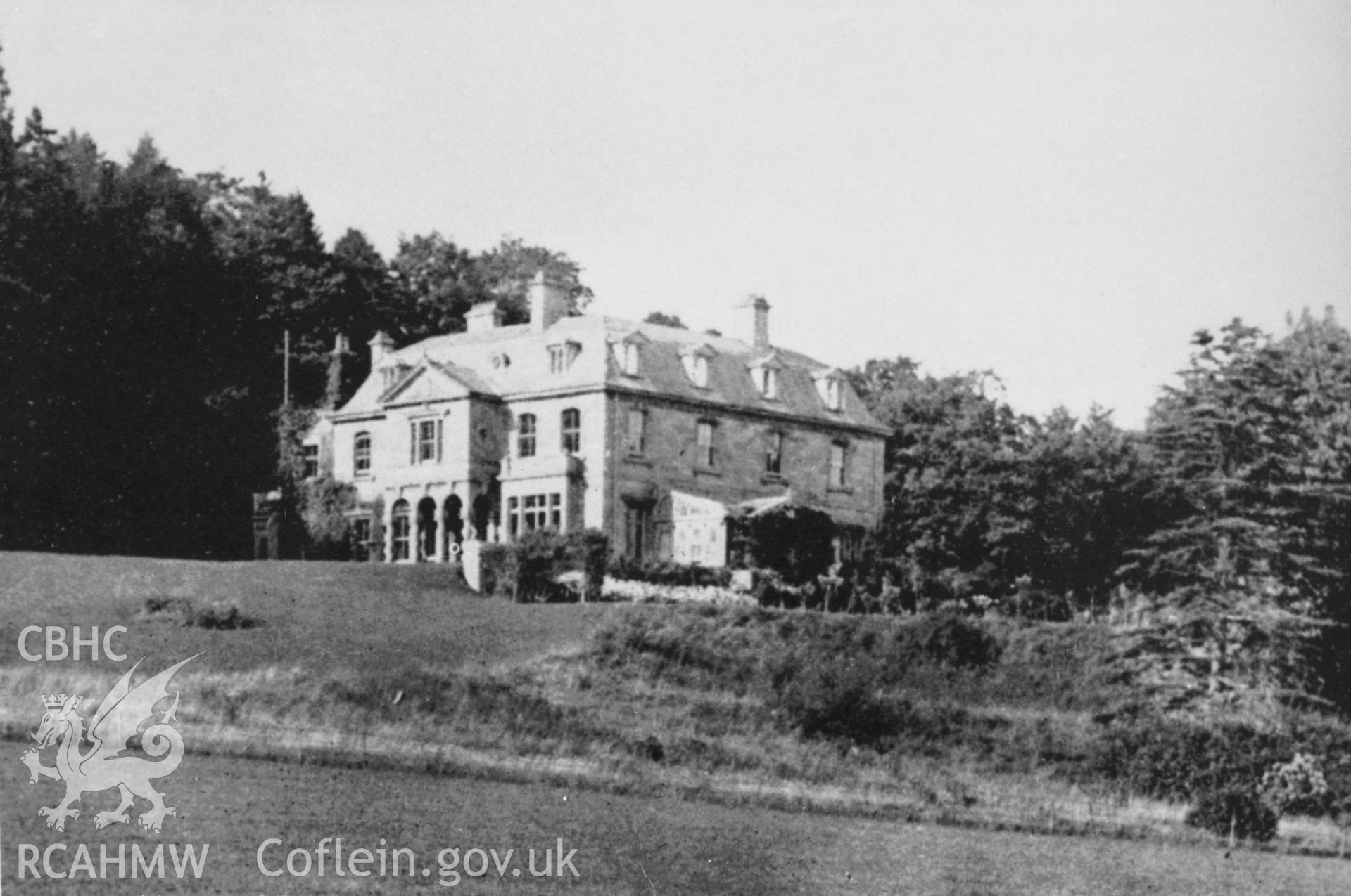 Copy of black and white image of Coldra House, Caerleon, copied from early undated postcard showing exterior, loaned by Thomas Lloyd.