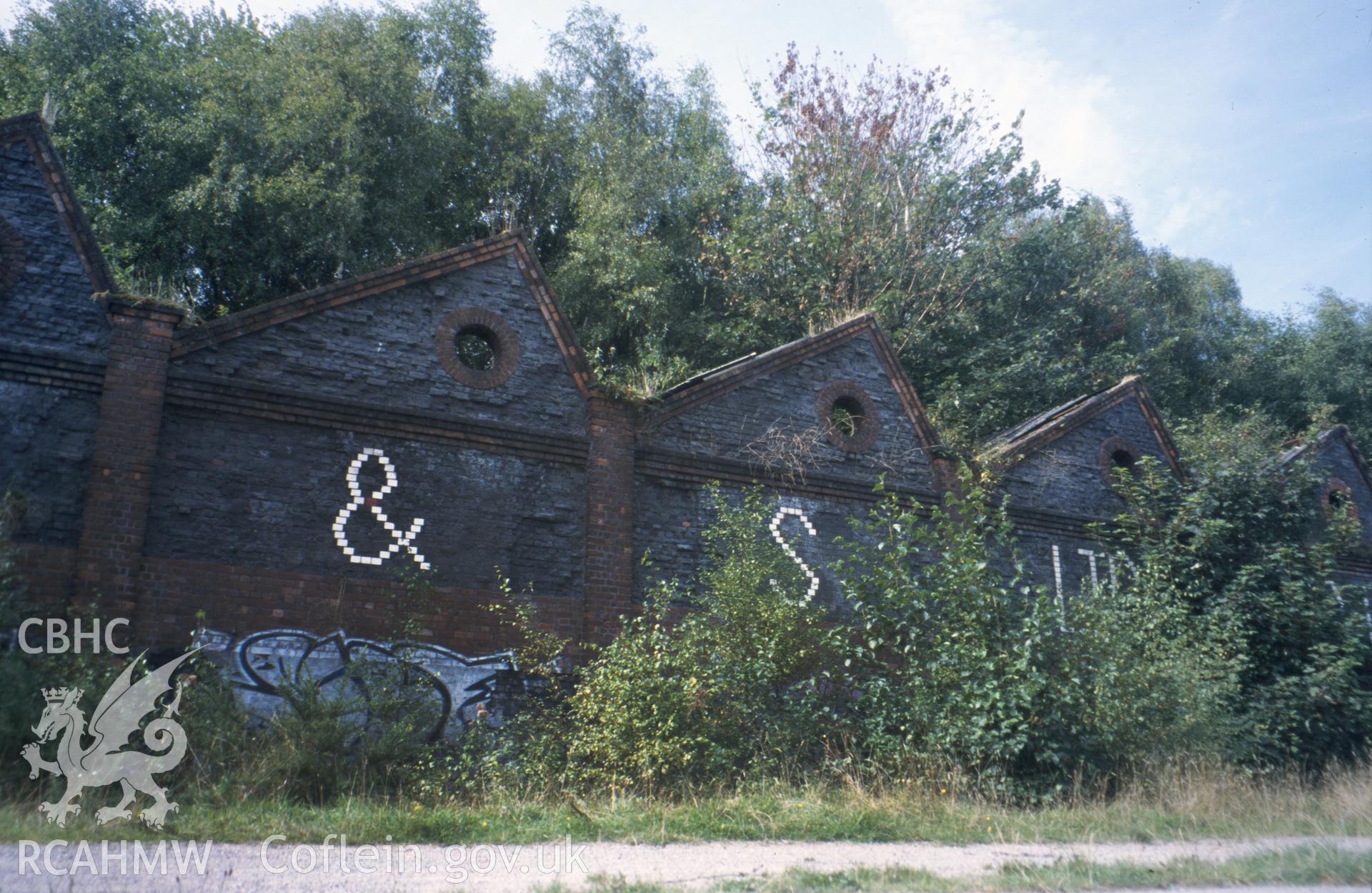 Colour slide of Hafod Copperworks Locomotive Shed: showing lettering on north-east wall.