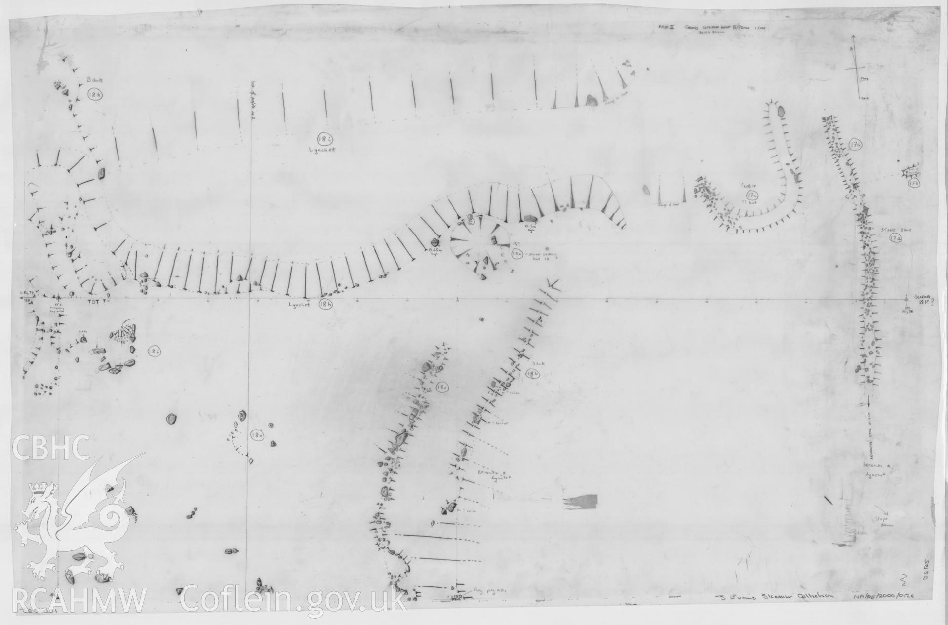 Preliminary drawing by John Evans showing settlement group 18/17 on Skomer Island, produced in the course of the 1985 field survey.