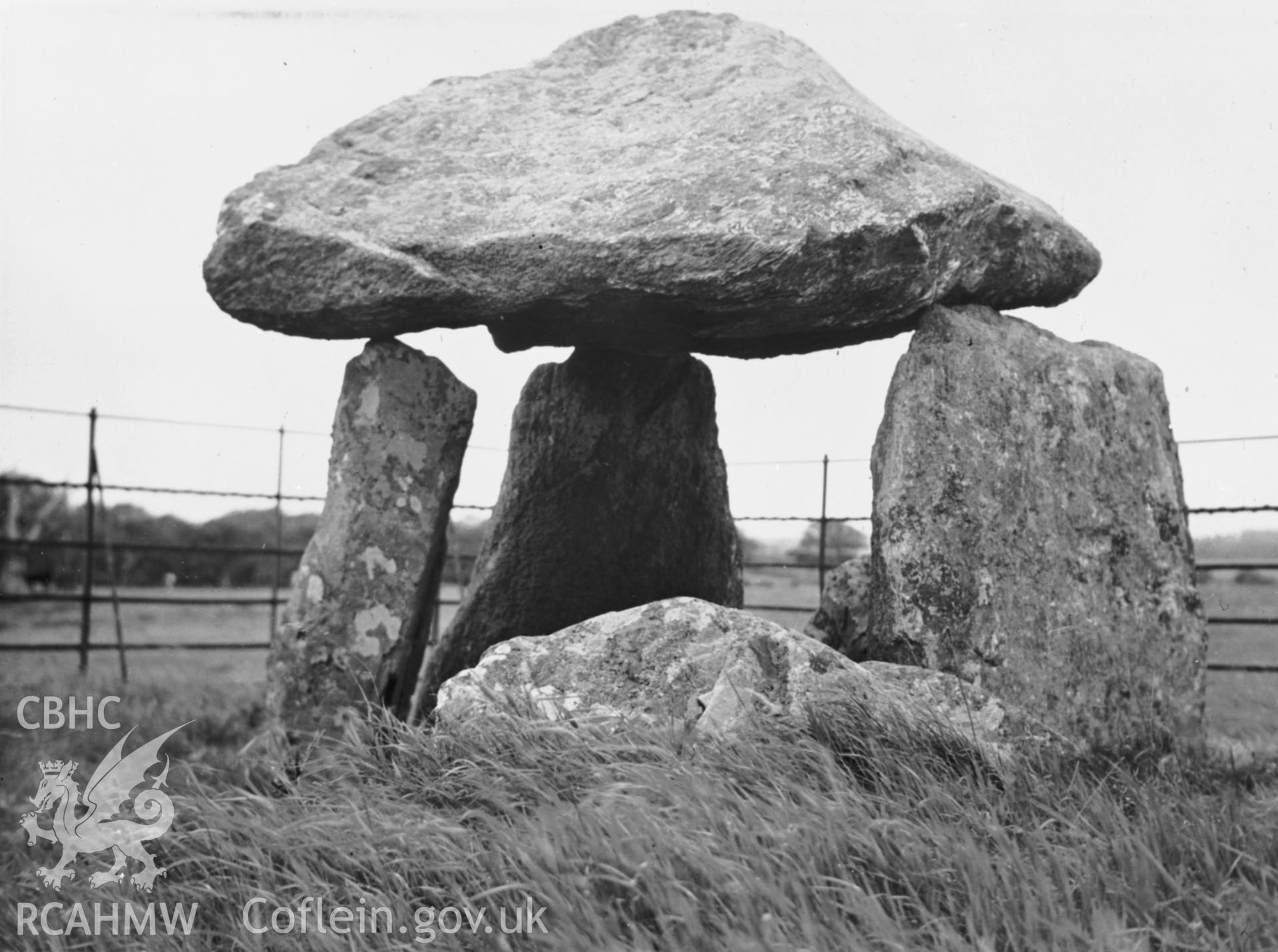 D.O.E photograph of Bodowyr Burial Chamber, Llanidan. B/W copy of 1950 original.