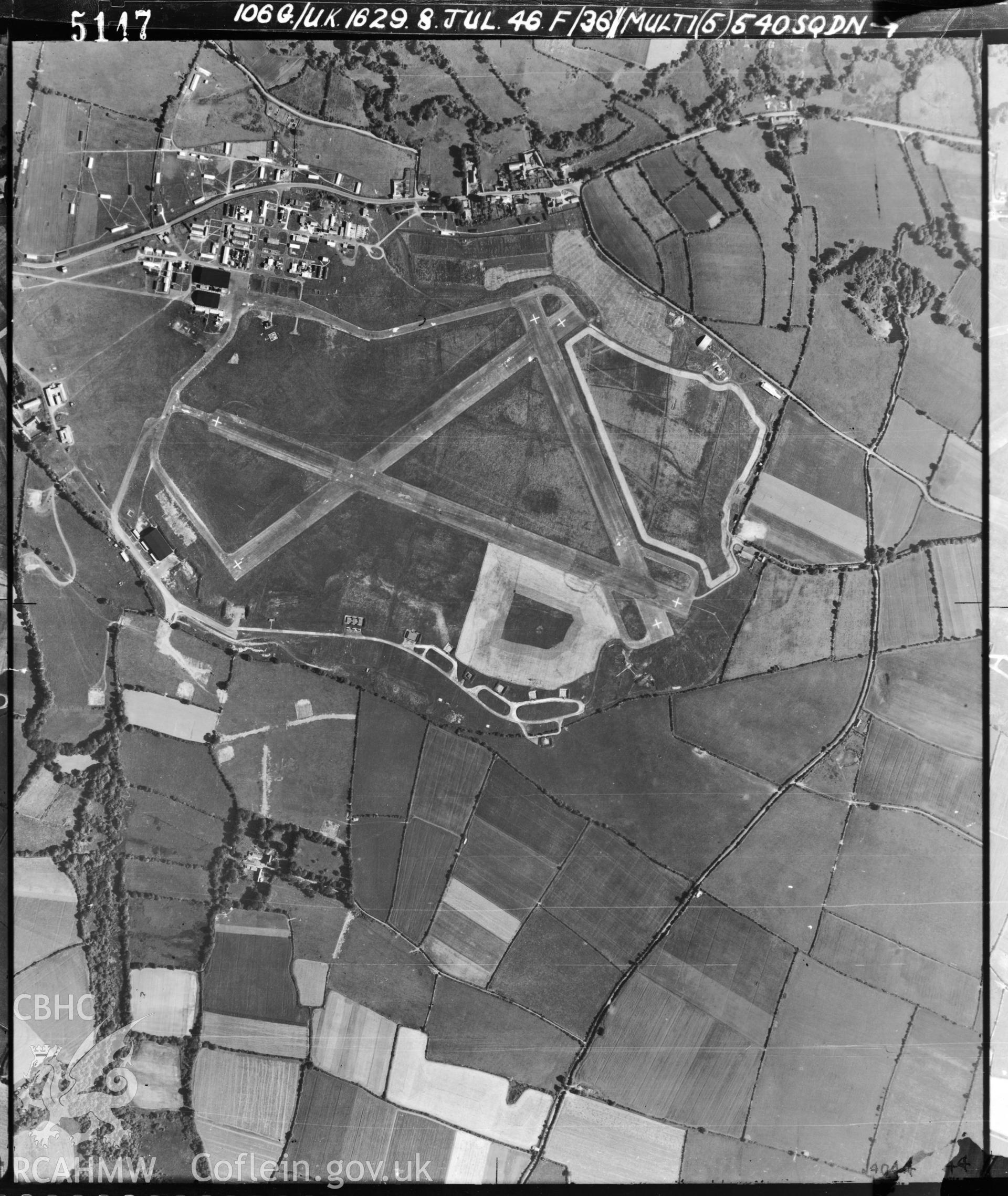 Black and white vertical aerial photograph taken by the RAF on 08/07/1946 centred on SN05770242 at a scale of 1:10000. The photograph includes part of Carew community in Pembrokeshire.