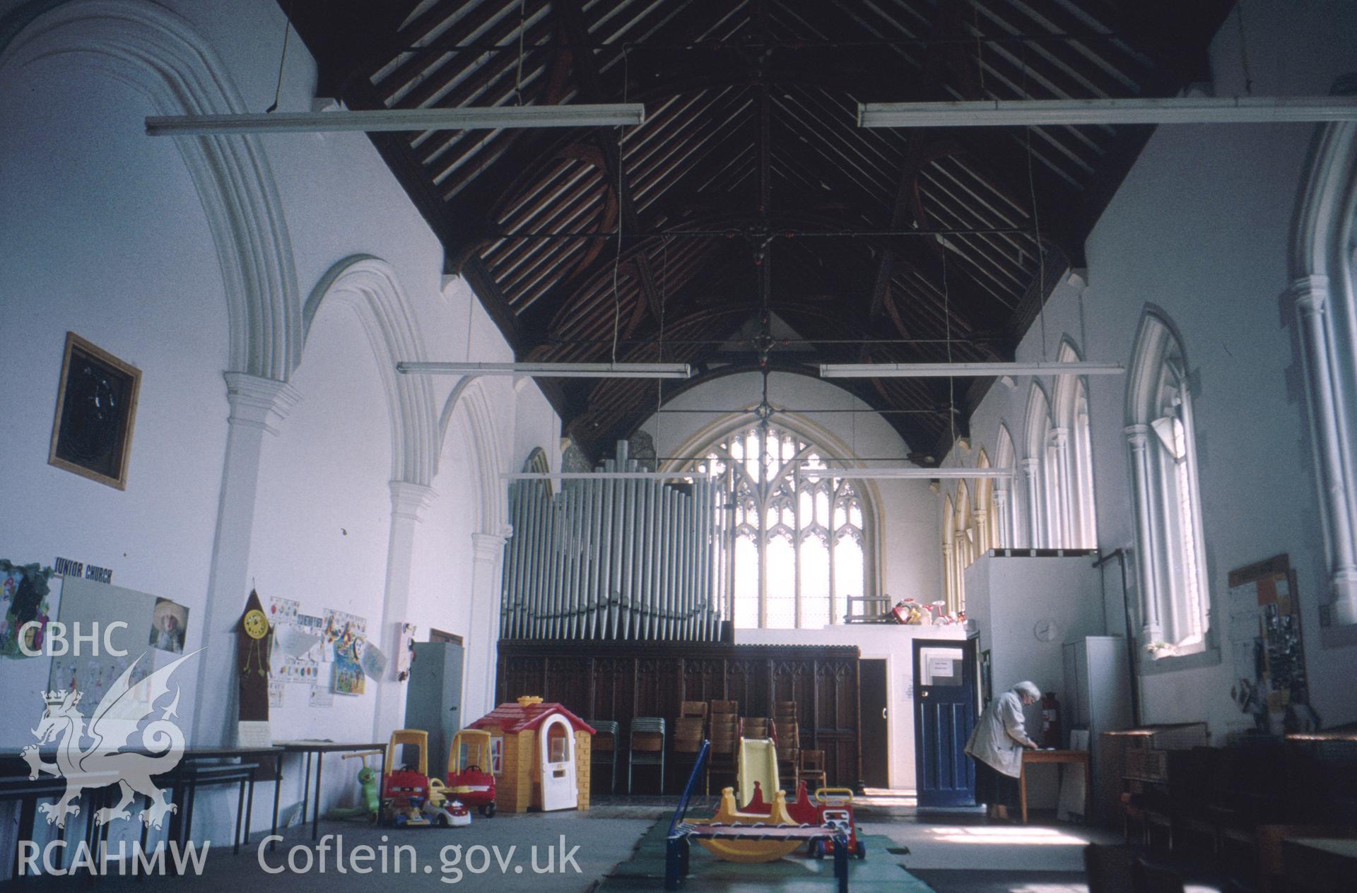 Colour slide of St John the Baptist, Hafod: showing the interior of the south aisle, looking east, whilst in use as a play area.