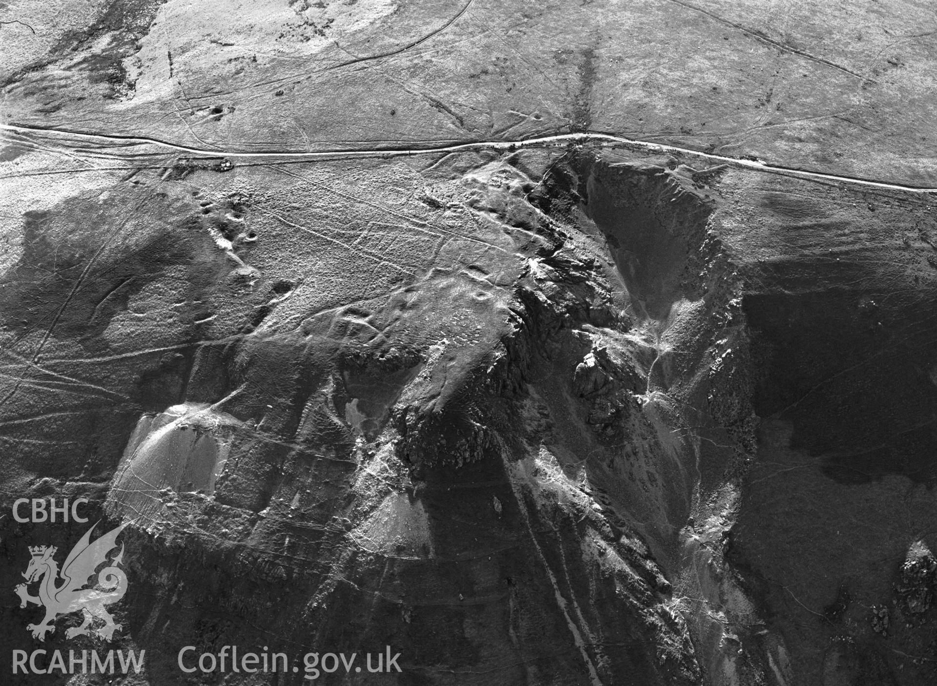 RCAHMW black and white oblique aerial photograph of Craig y Mwyn Lead Mine, taken by C.R. Musson 1993