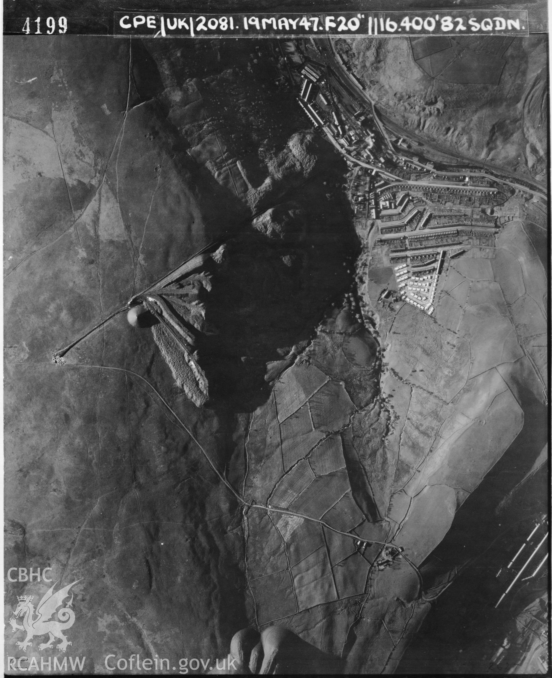 Black and white vertical aerial photograph taken by the RAF on 19/05/1947 centred on ST01609448 at a scale of 1:10000. The photograph includes part of Tylorstown community in Rhondda, Cynon, Taff.