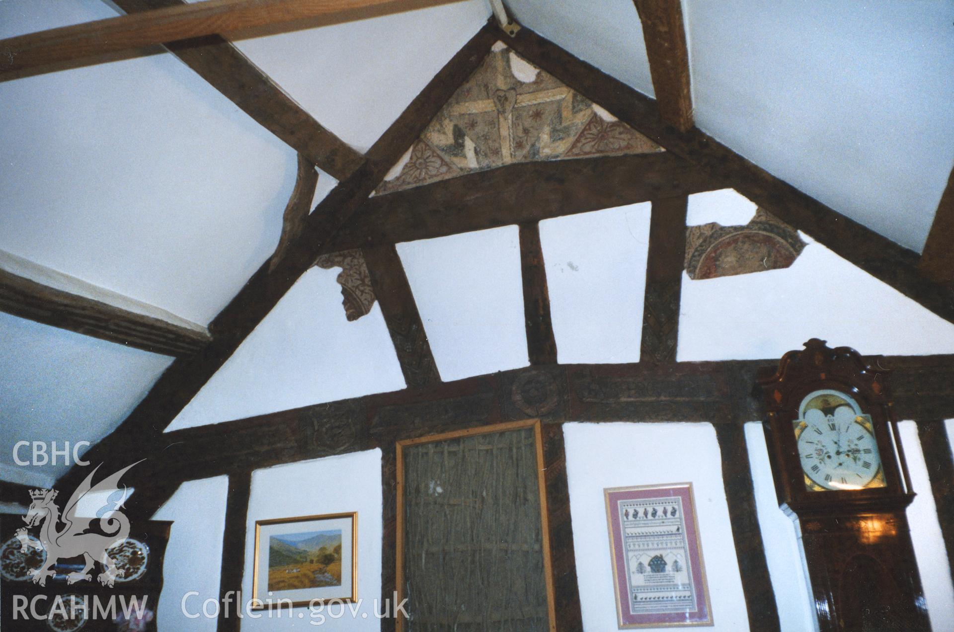 Colour print showing interior of George and Dragon, Beaumaris (wall painting and roof trusses). Taken as part of the Cadw resurvey of listed buildings in 2004