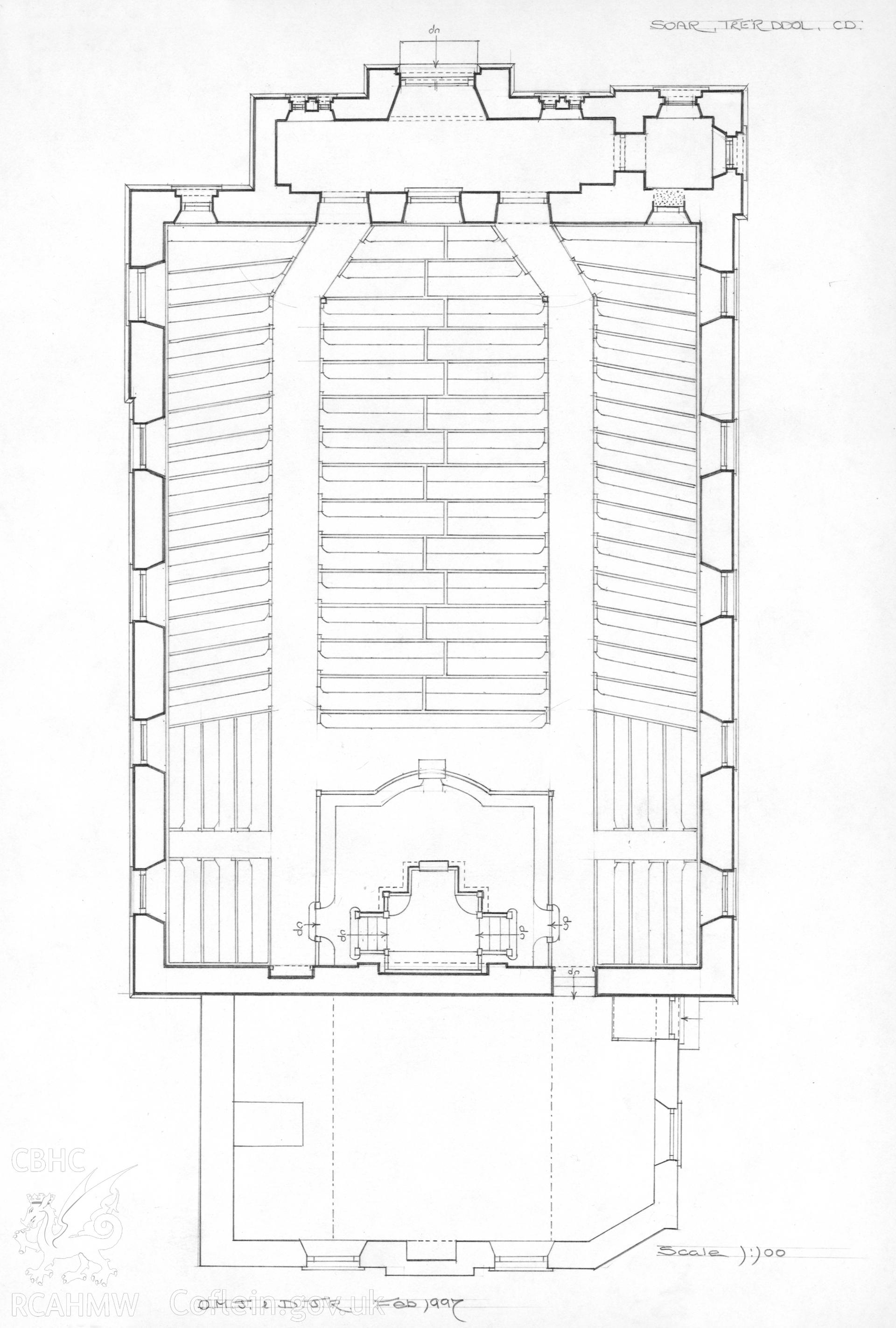 Soar Chapel, Tre'r Ddol; Pencil drawing - ground floor plan, by Dylan Roberts & Olwen Jenkins, dated February 1997.