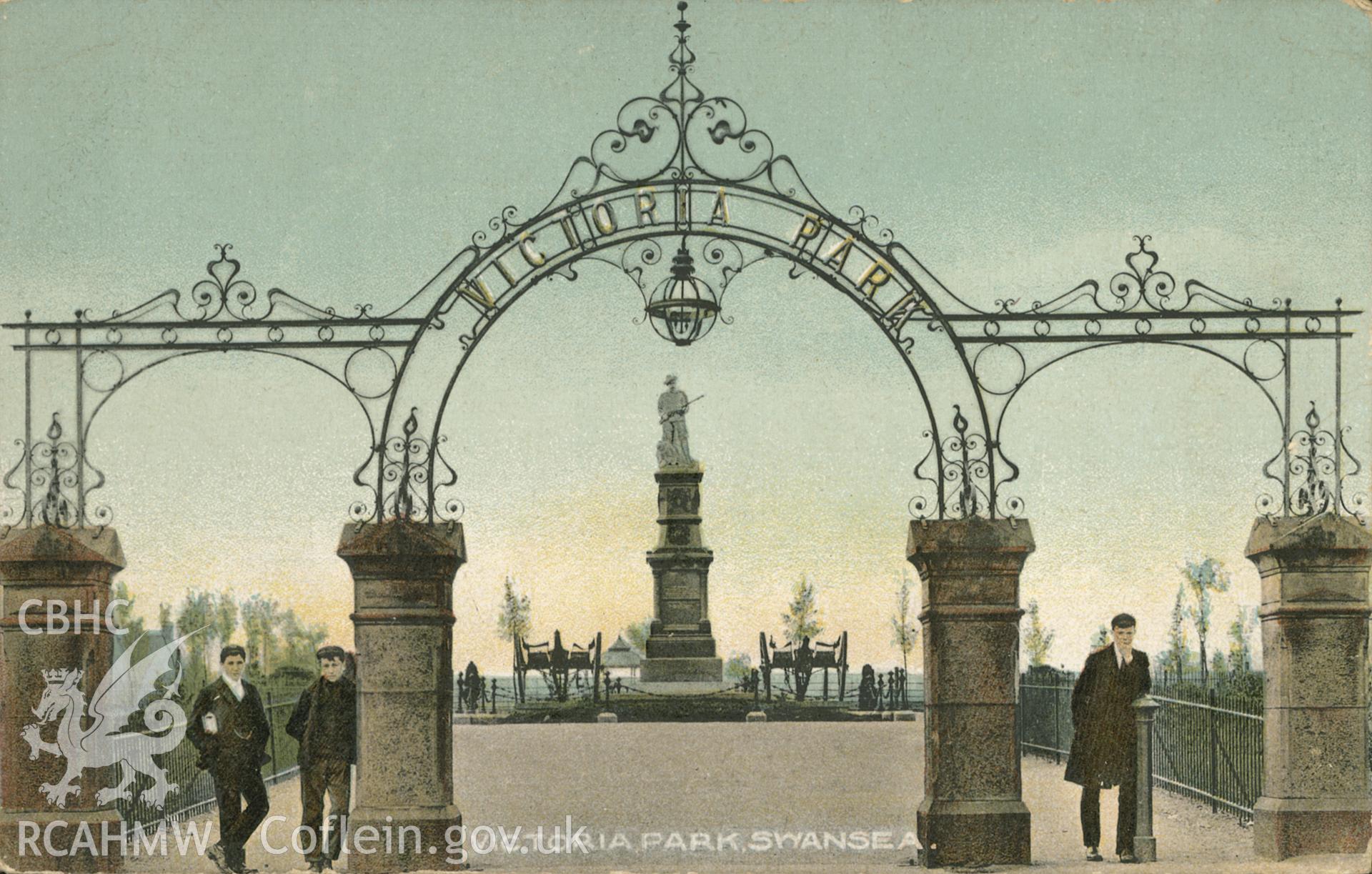 Digitised copy of a 1907  colour postcard showing the gates and memorial at Victoria Park,  the gates were subsequently removed as part of the war effort, loaned for copying by Daryl Leeworthy.