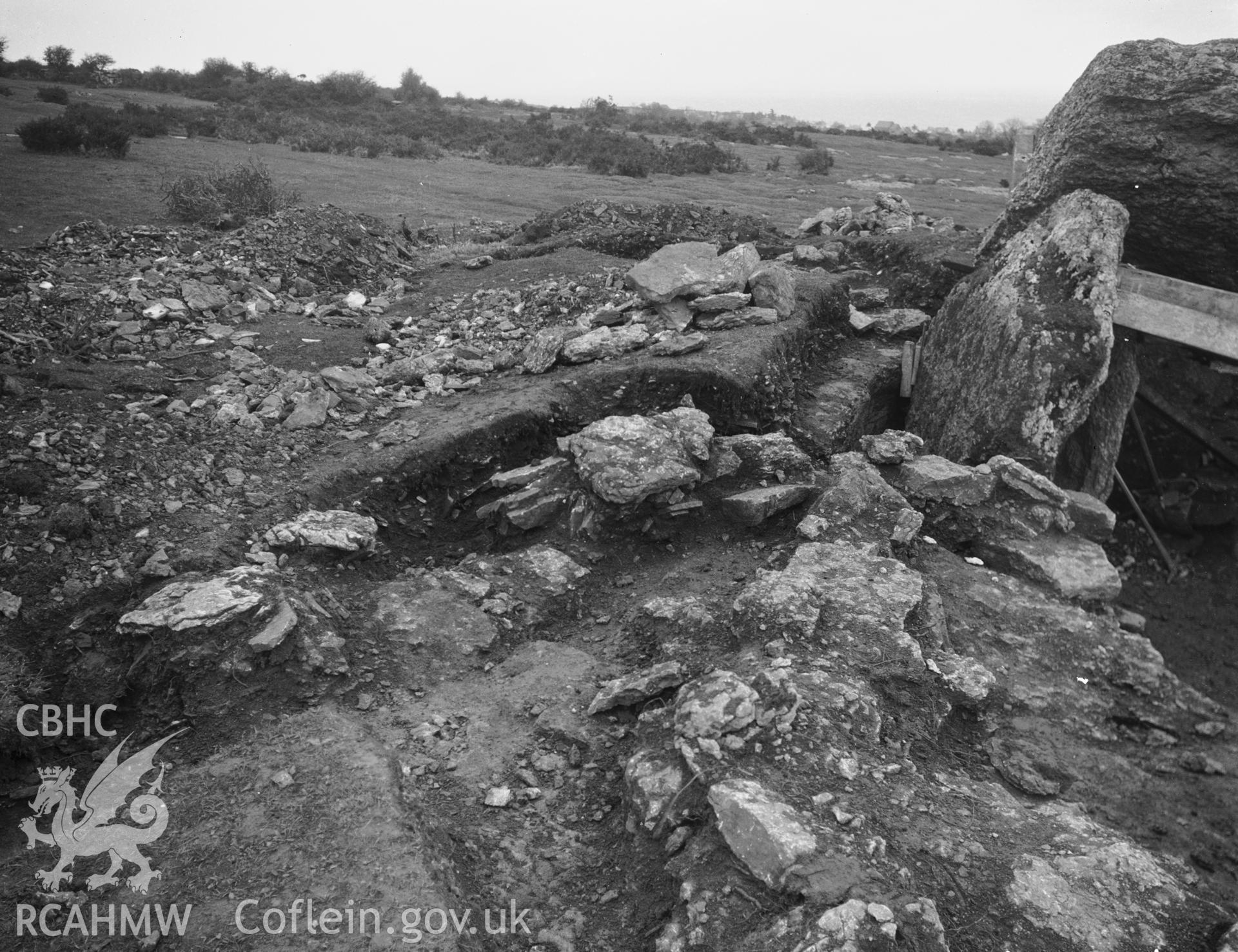 Northern side of the forecourt of the chamber with slab ramp on the left, taken during the second season of excavation, April 1932.