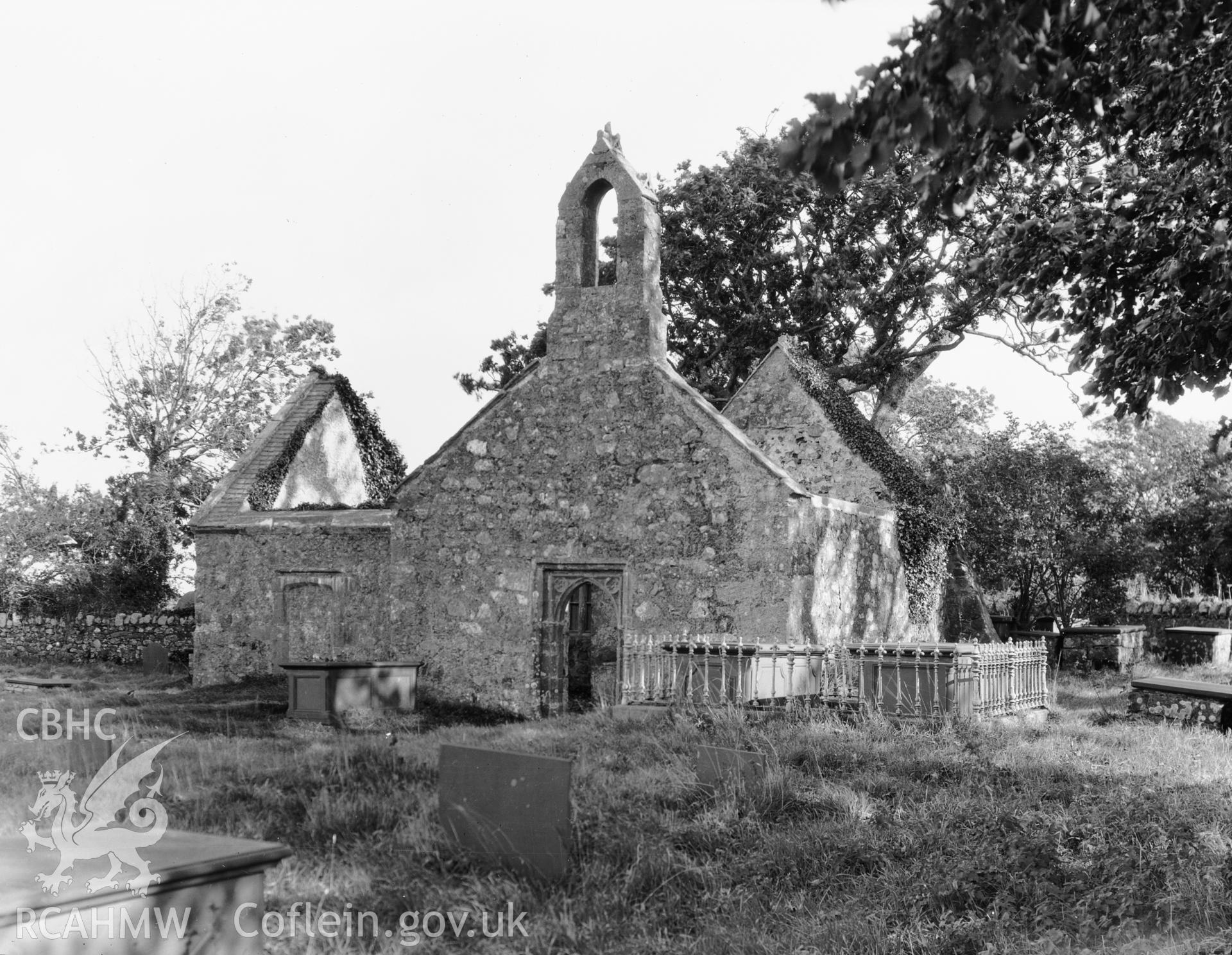 Digitised copy of a black and white negative showing ruins of St Michael's Church, produced by RCAHMW, pre1960.