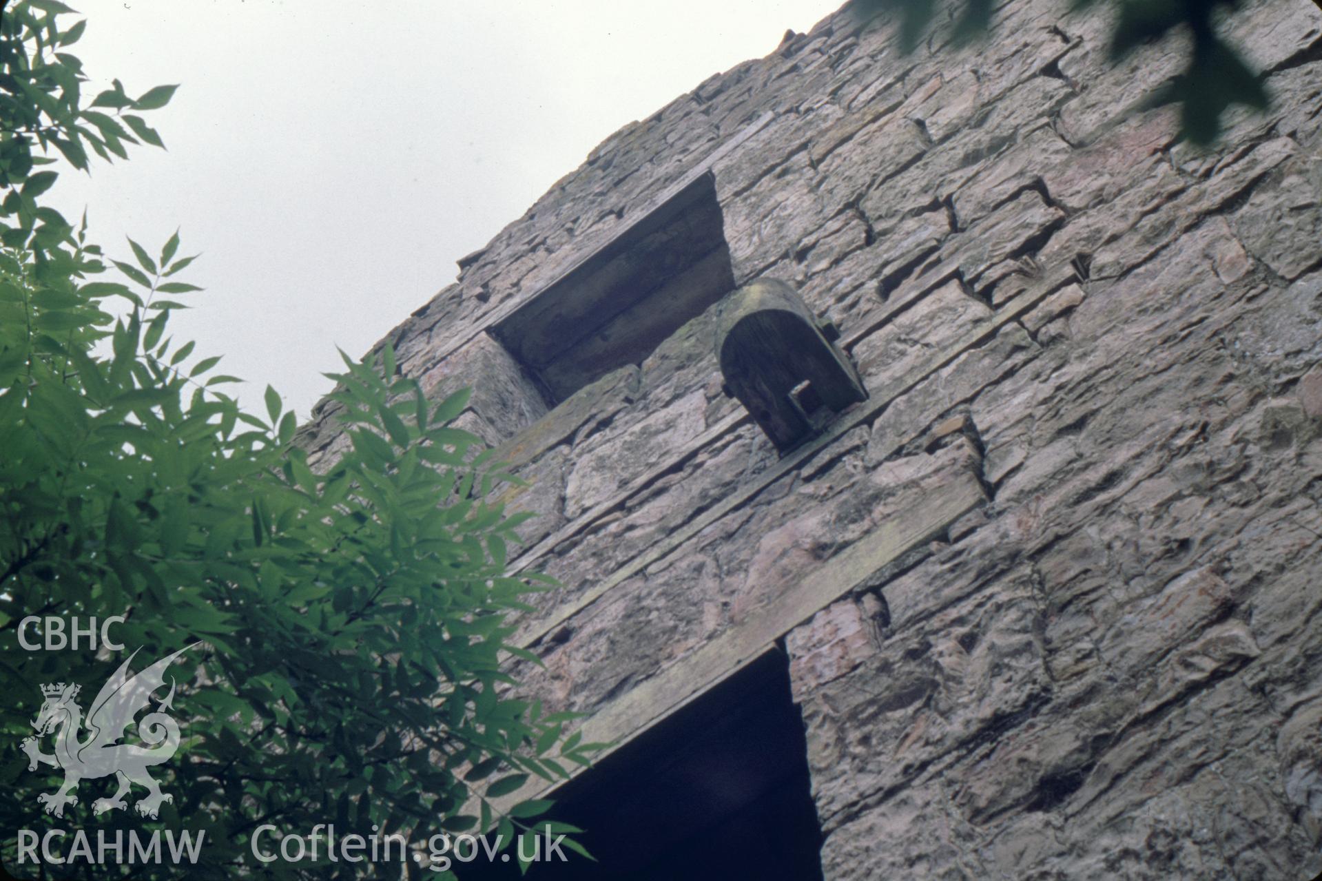 Digitized 35mm slide showing Pennant Mine engine house, spring beam.