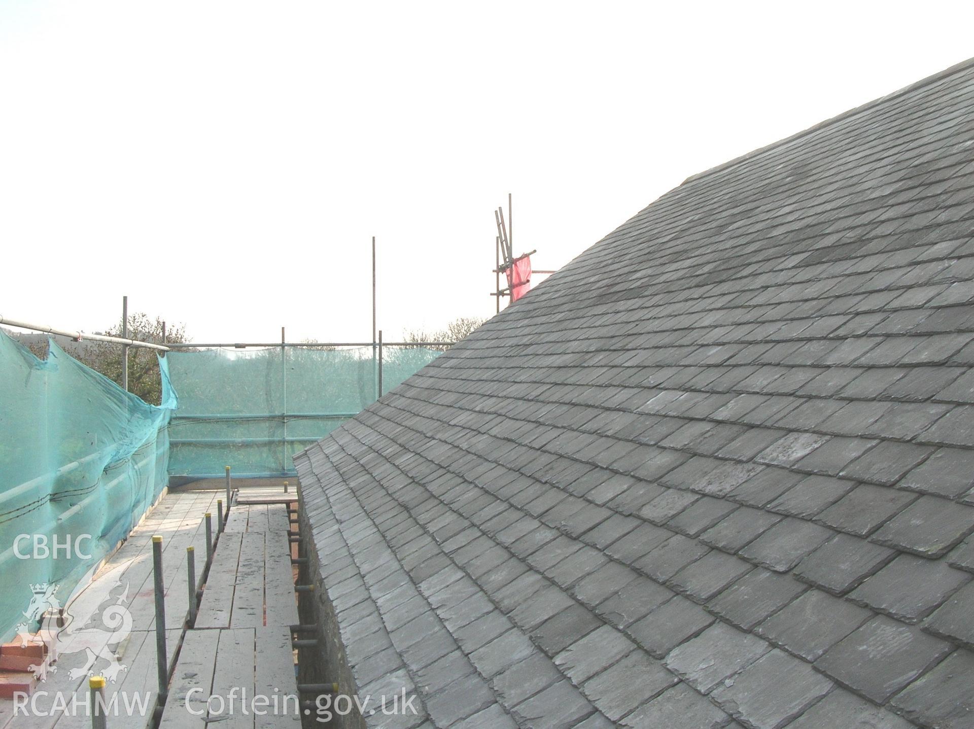 Colour photo showing restored roof (east) at the Clive Engine House, Talar Goch Mine, produced by C.J. Williams, 2012.