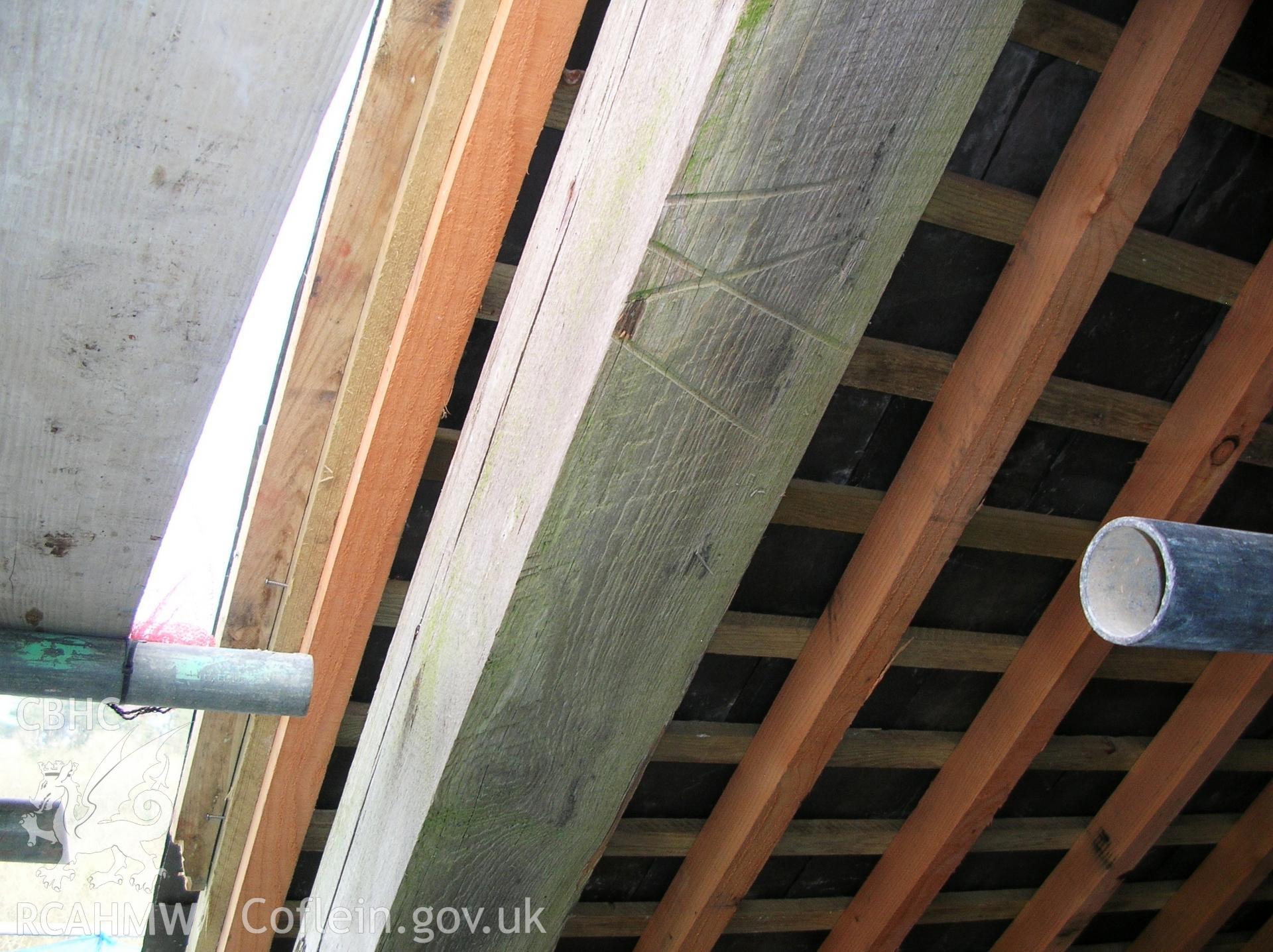 Colour photo showing detail of roof timbers at the Clive Engine House, Talar Goch Mine, produced by C.J. Williams, 2012.