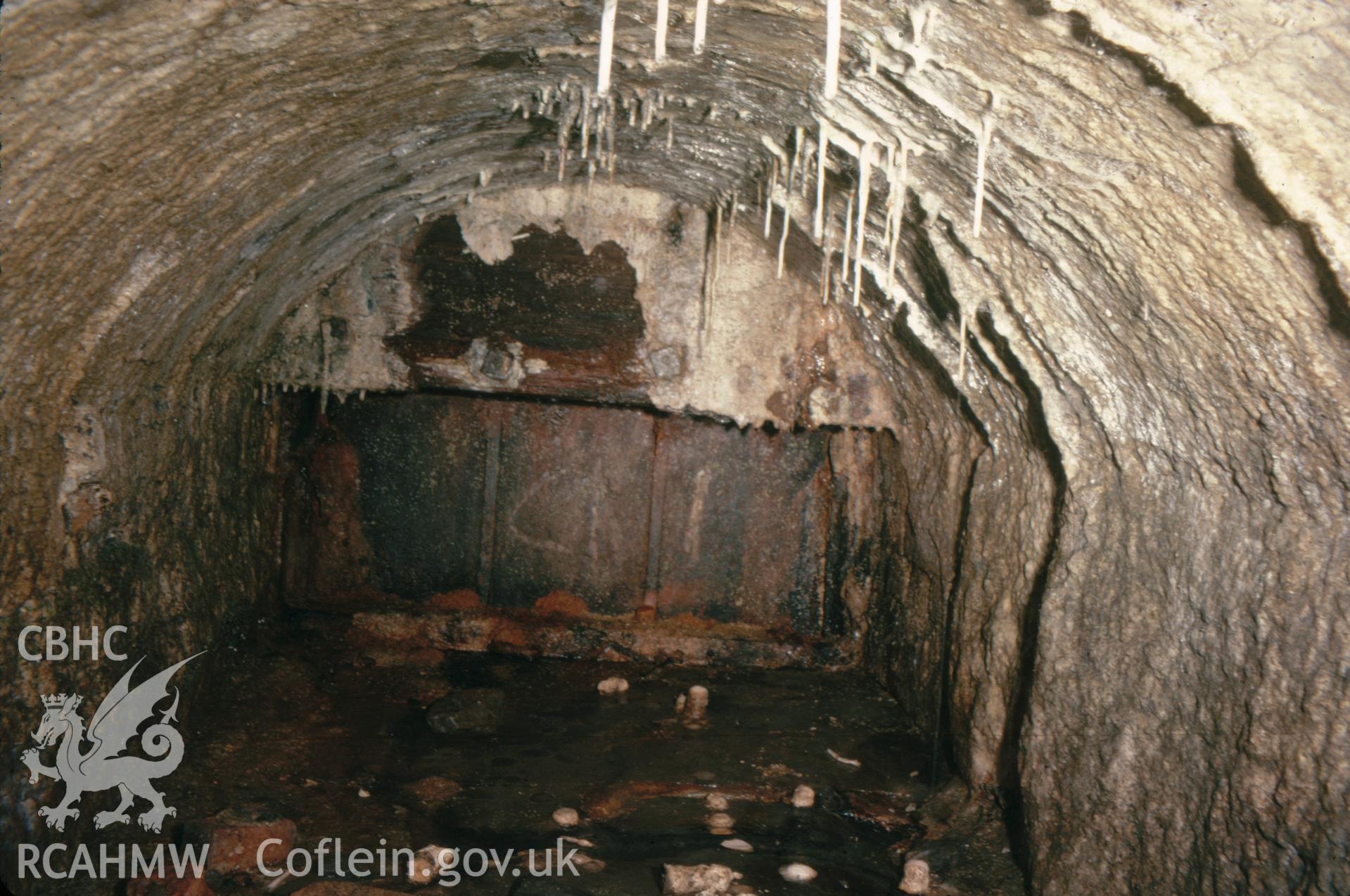 Digitized 35mm slide showing the brass battery works culvert, Holywell.