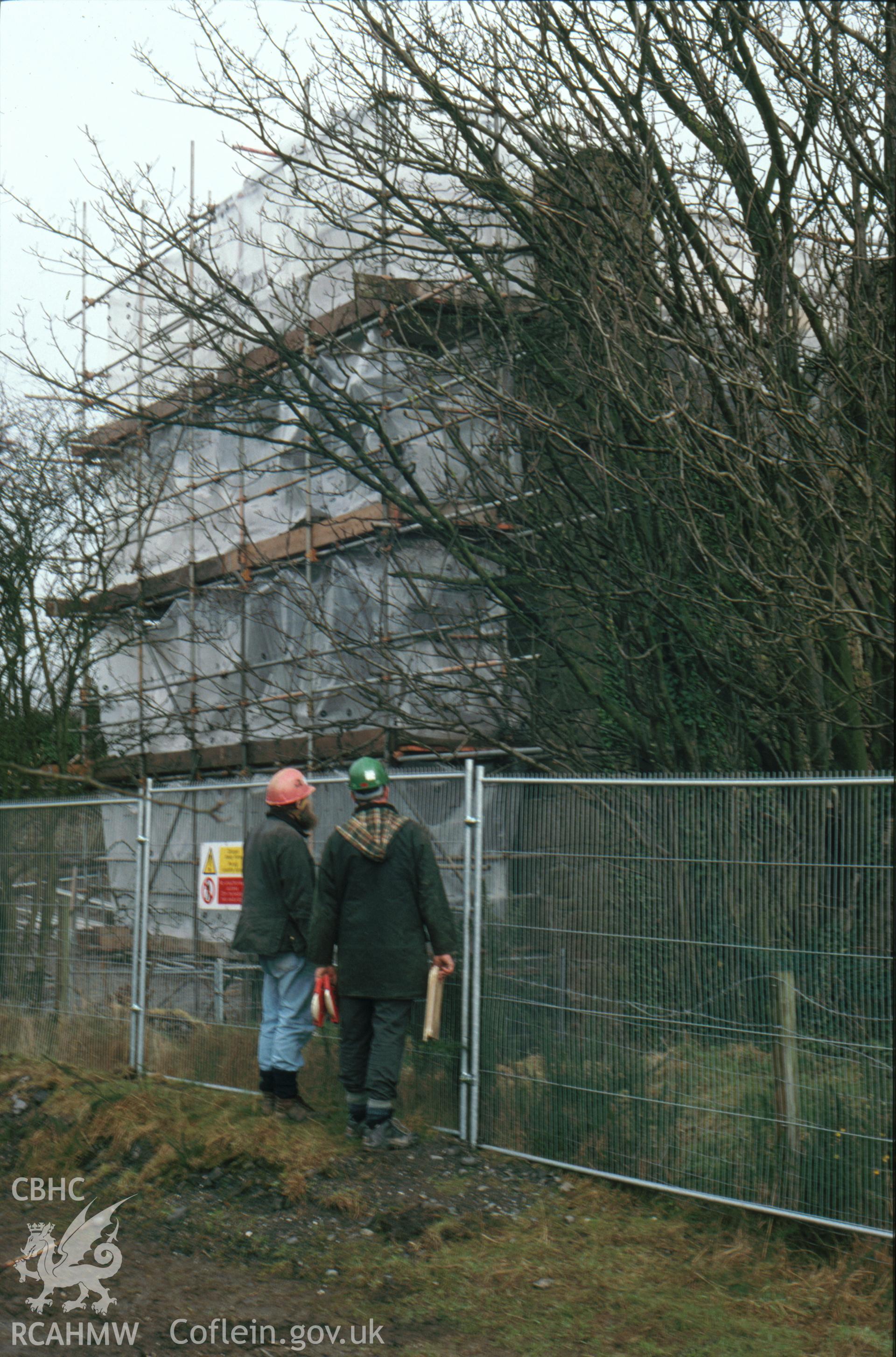 Digitized 35mm slide showing Pennant Mine, engine house restoration .