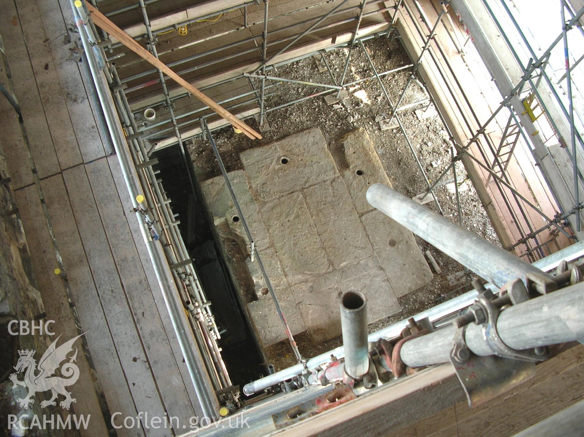 Colour photo showing engine bed from above at the Clive Engine House, Talar Goch Mine, produced by C.J. Williams, 2012.