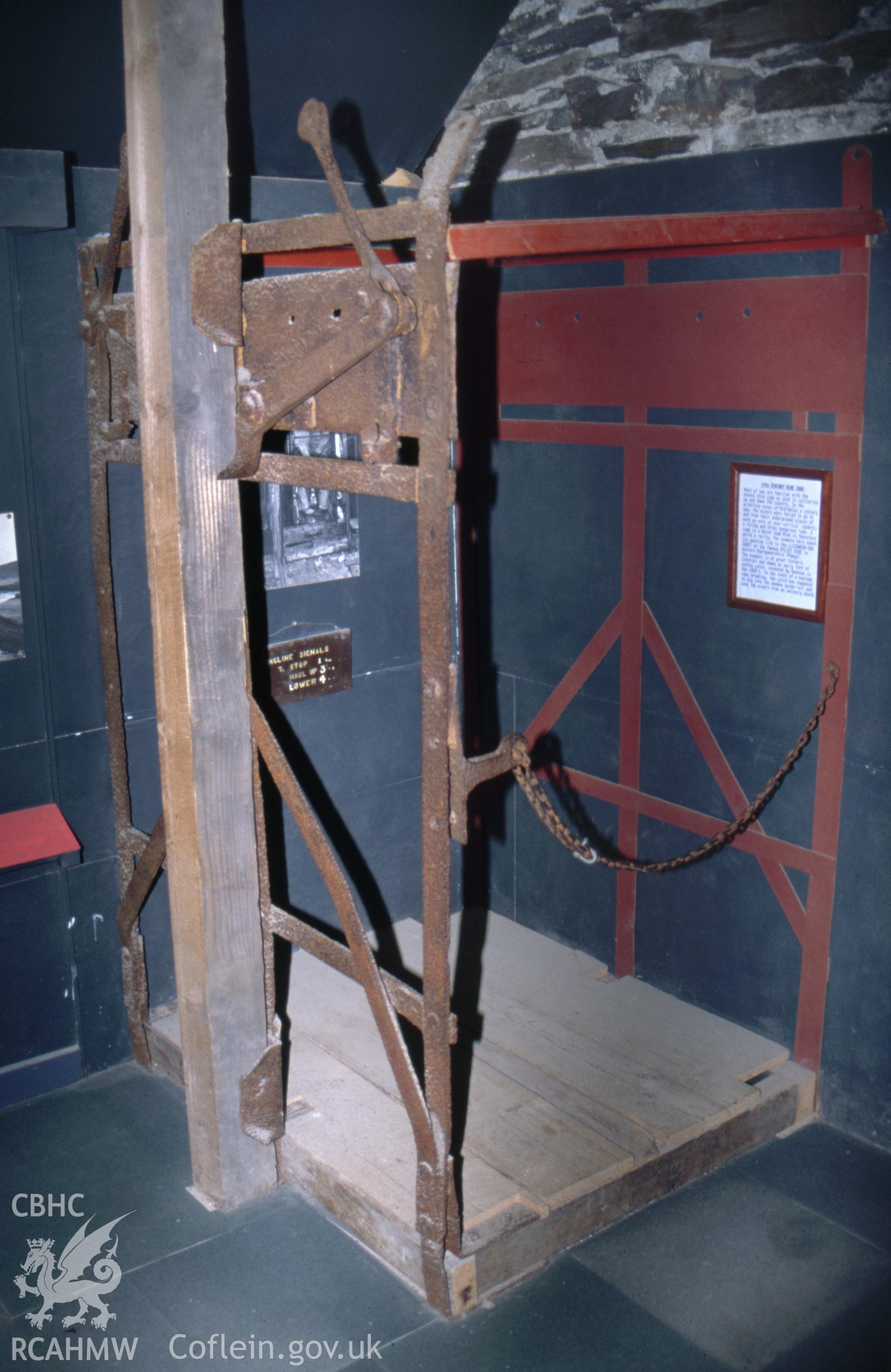 Digitized 35mm slide showing Llywernog Mining Museum, Dylife cage.