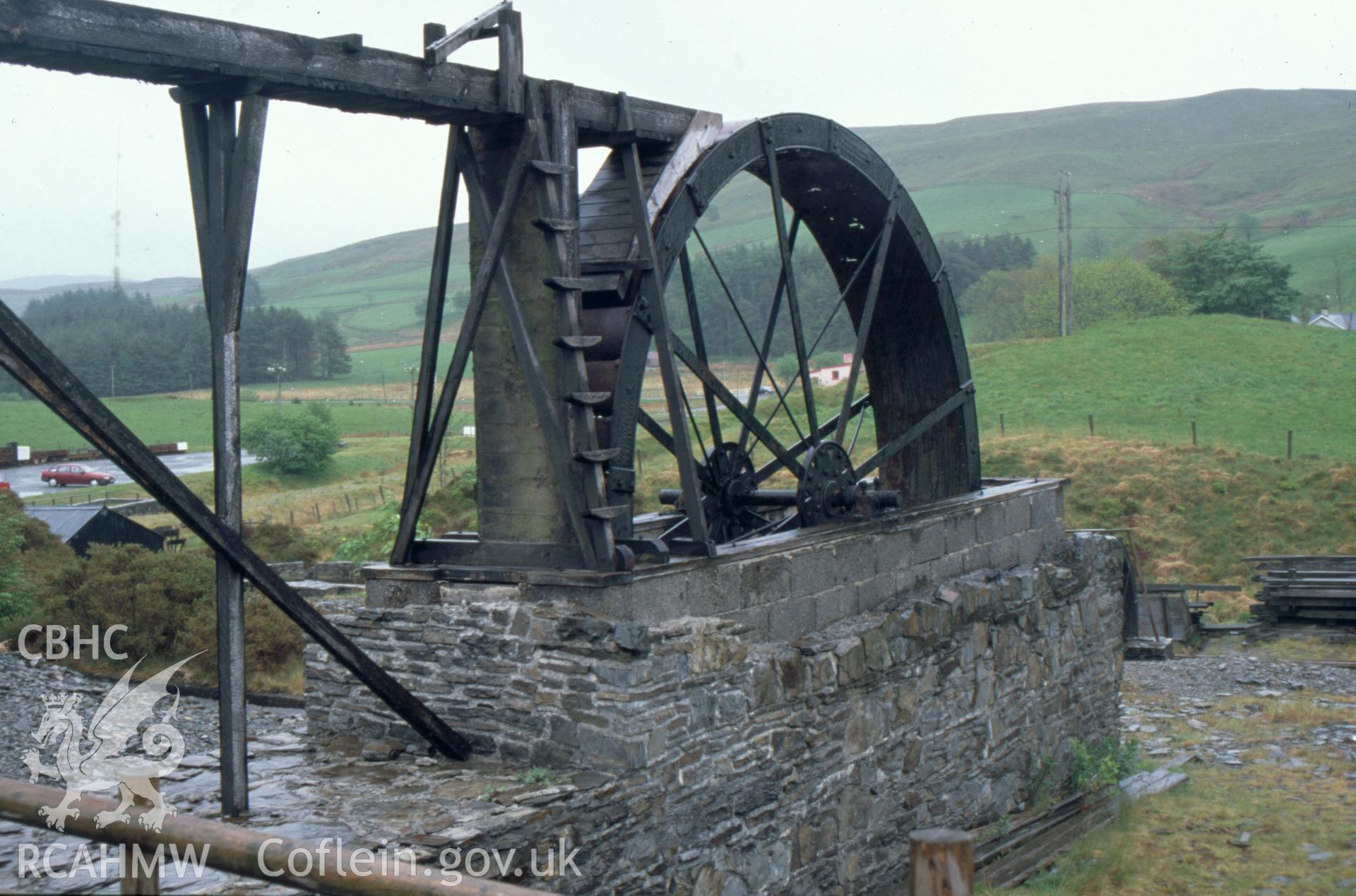 Digitized 35mm slide showing Llywernog Mining Museum, waterwheel.