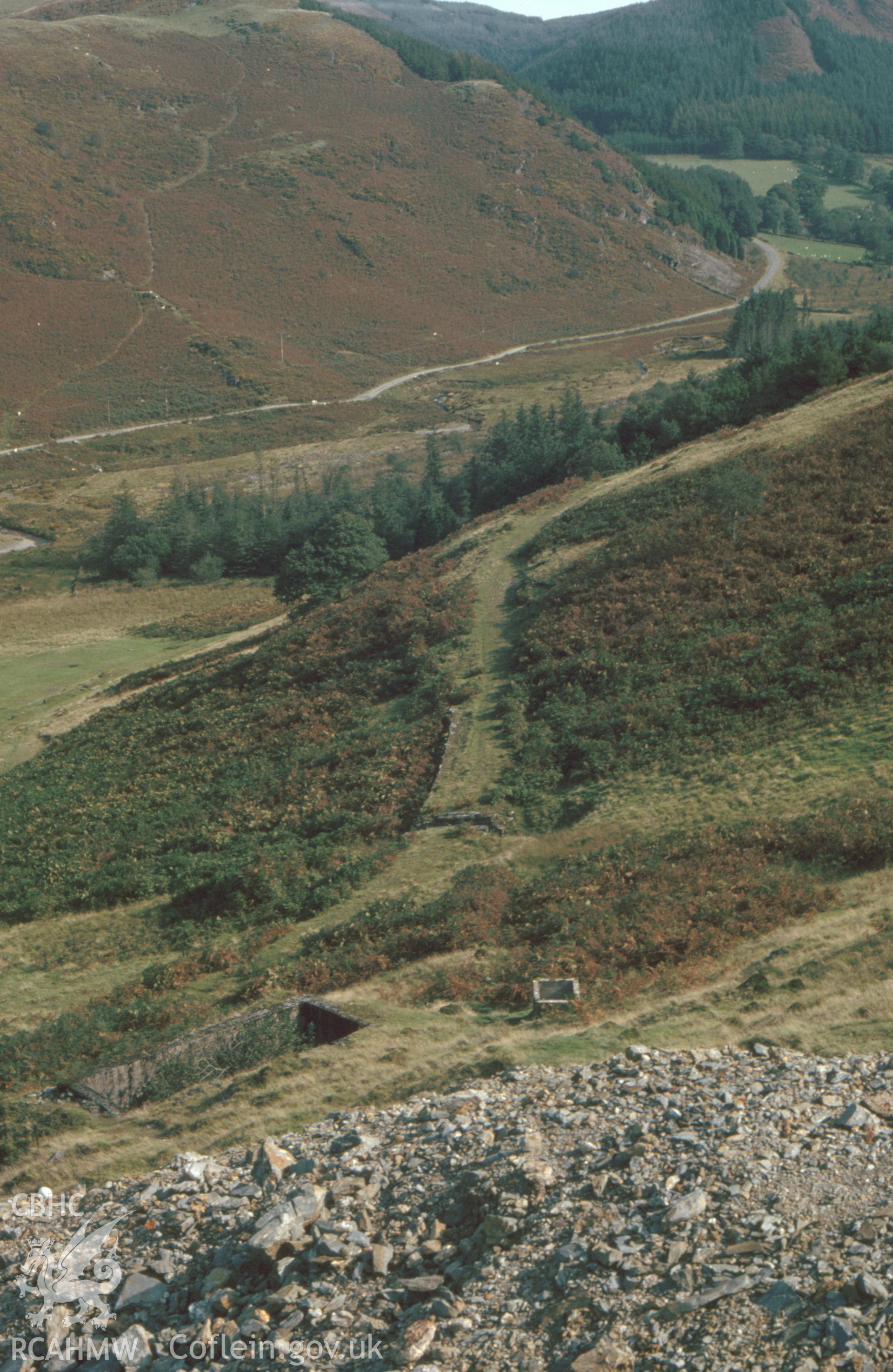 Digitized 35mm slide showing Bwlchglas Mine and tramway, Elerch.