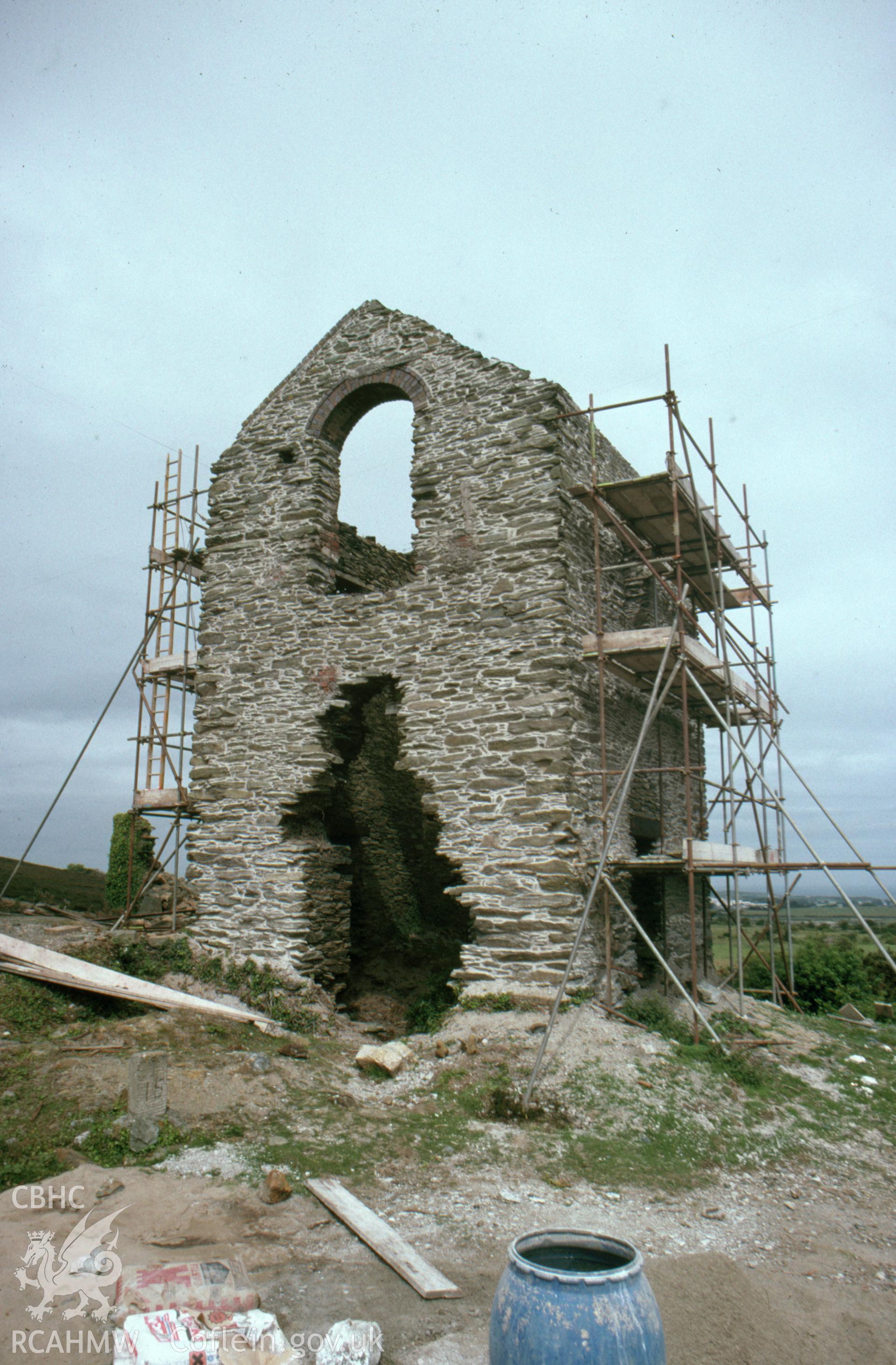 Digitized 35mm slide showing Pearl Shaft Engine House under repair, Parys Mountain.