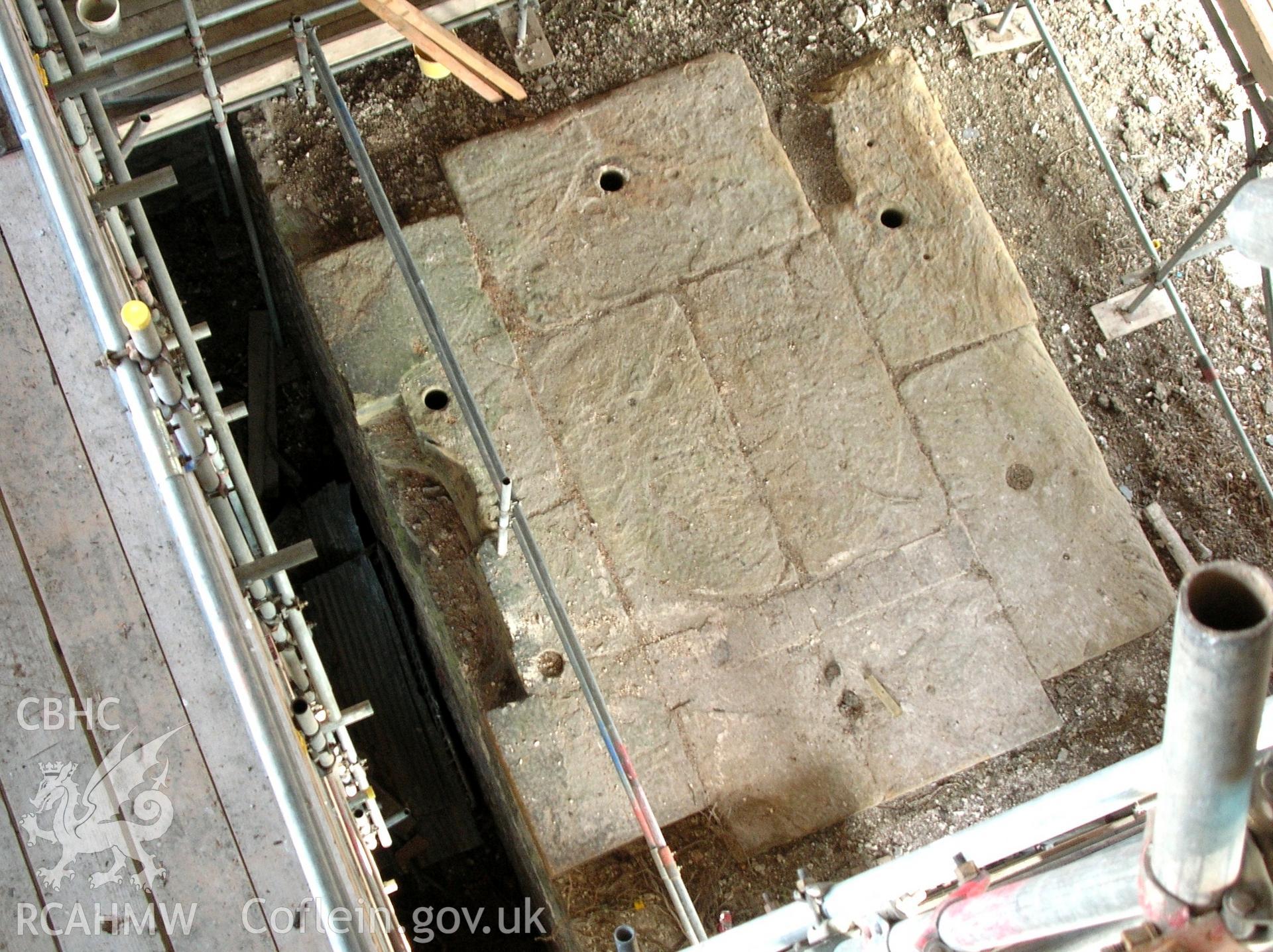 Colour photo showing detail of engine bed from above at the Clive Engine House, Talar Goch Mine, produced by C.J. Williams, 2012.