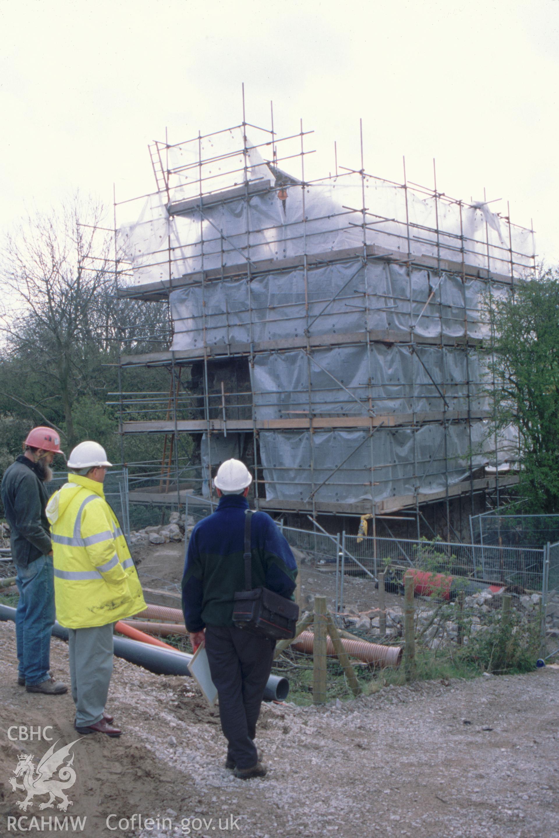 Digitized 35mm slide showing Pennant Mine, engine house restoration.