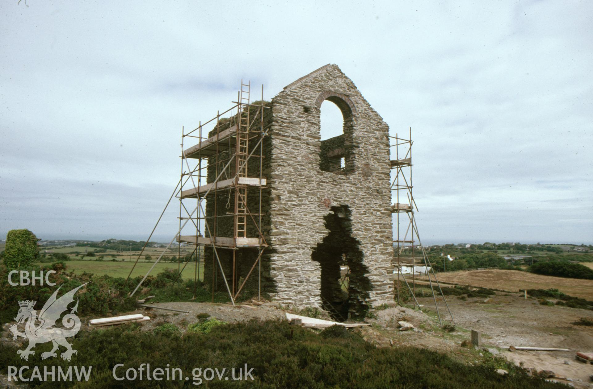 Digitized 35mm slide showing Pearl Shaft Engine House under repair, Parys Mountain.