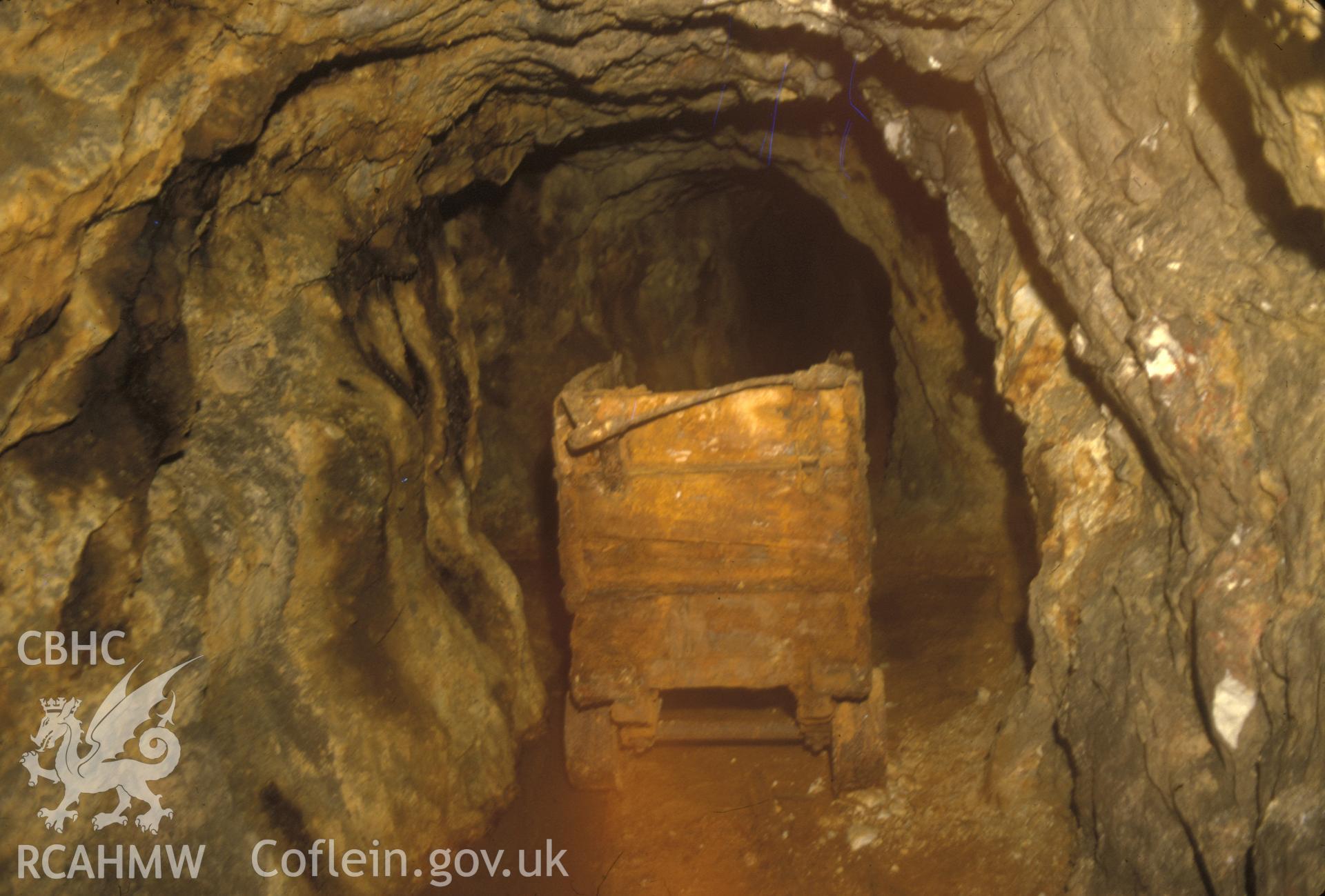 Digitized 35mm slide of Gwynfynydd Gold Mine, waggon.