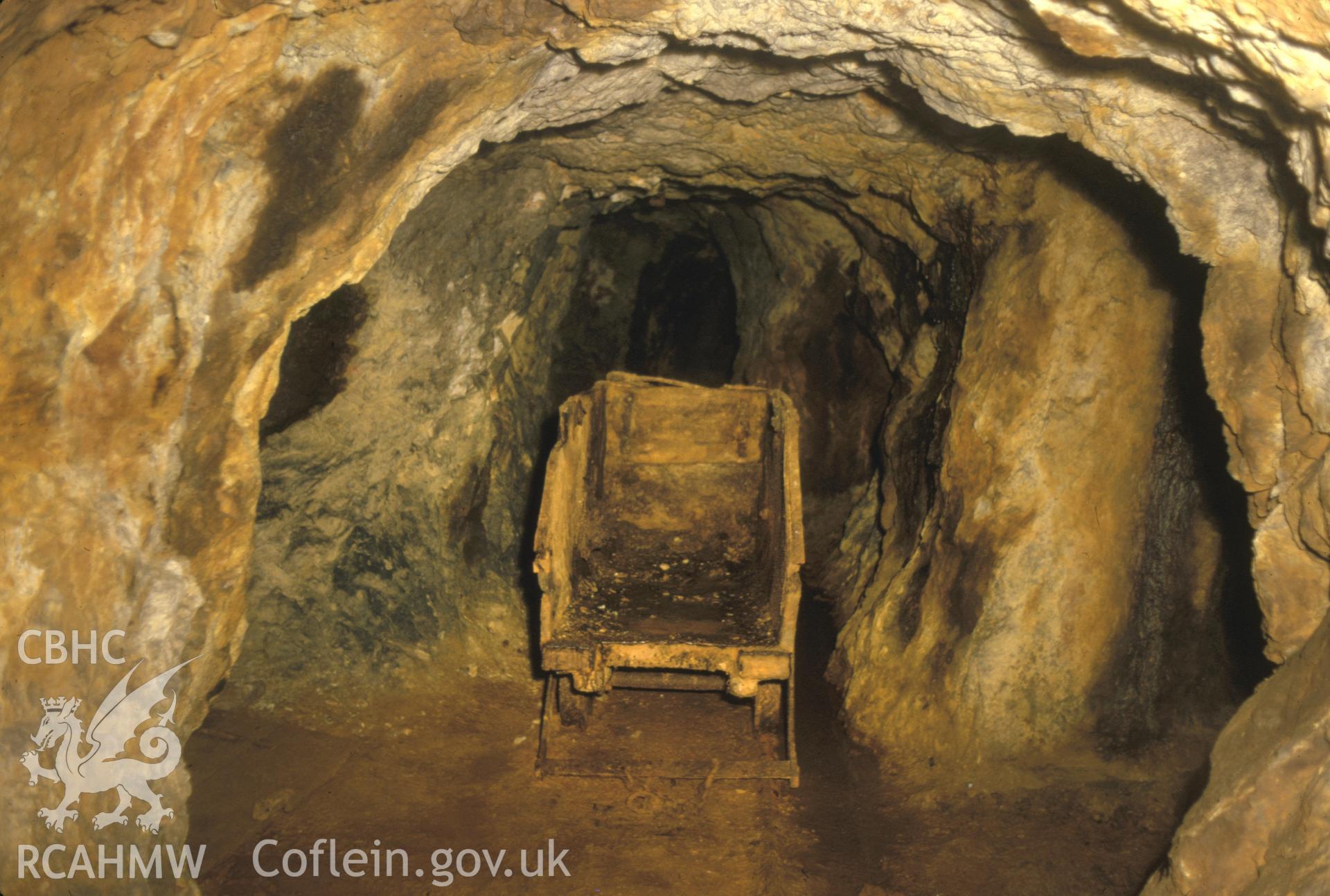 Digitized 35mm slide of Gwynfynydd Gold Mine, waggon.