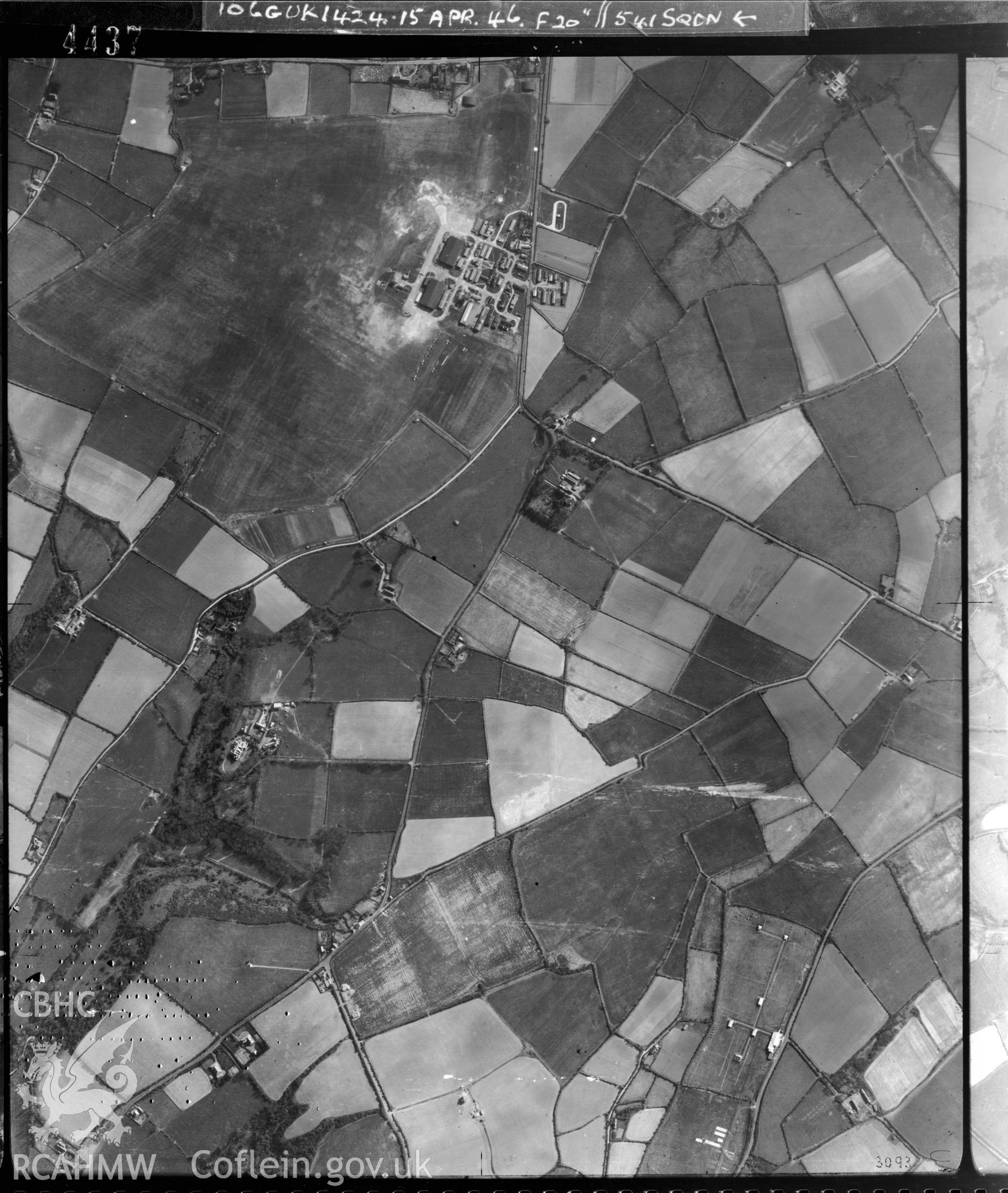 Black and white vertical aerial photograph taken by the RAF on 15/04/1946 centred on SN24685009 at a scale of 1:10000. The photograph includes part of Aberporth community in Ceredigion.