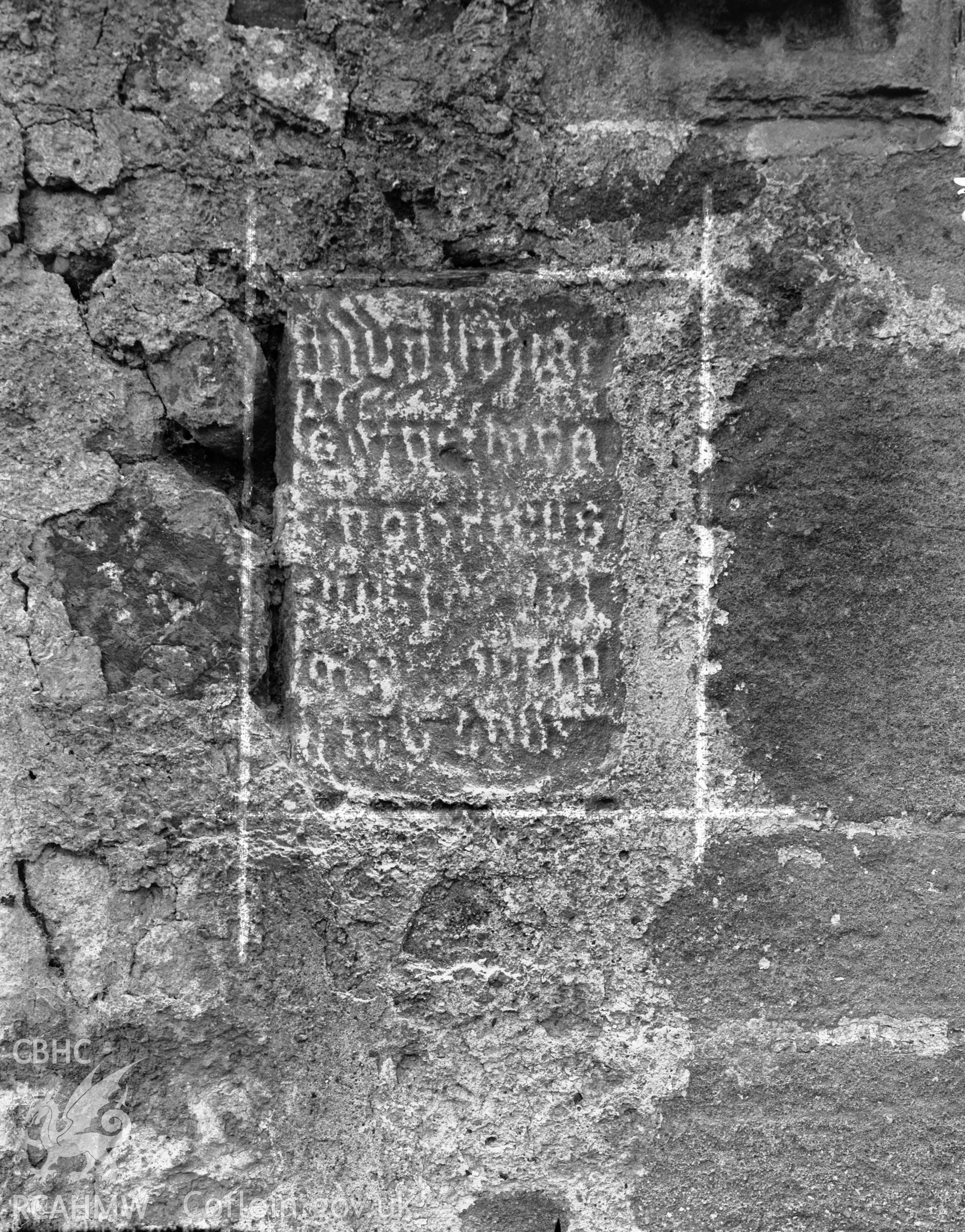 Digitised copy of a black and white negative showing detail at St Michael's Church, produced by RCAHMW, pre1960.