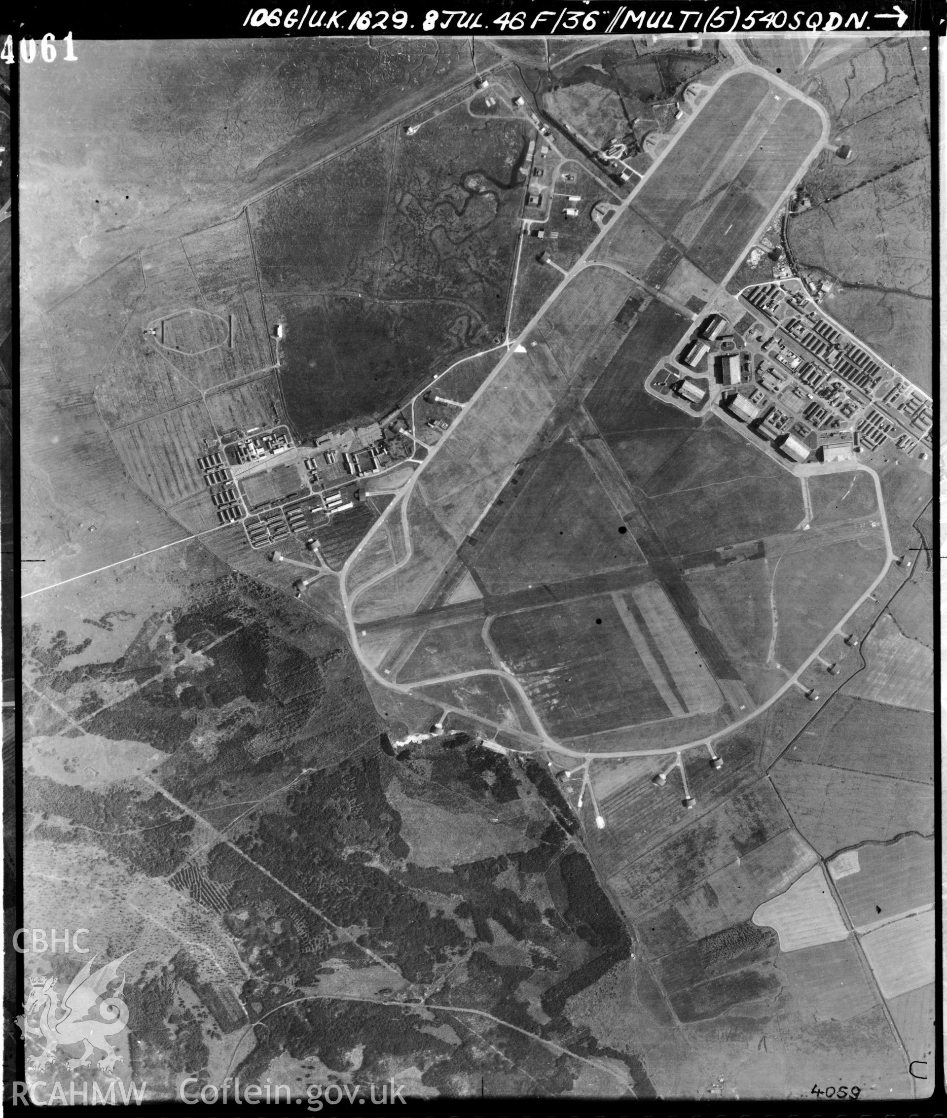 Black and white vertical aerial photograph taken by the RAF on 08/07/1946 centred on SN40090349 at a scale of 1:10000. The photograph includes part of Cefn Sidan community in Carmarthenshire.