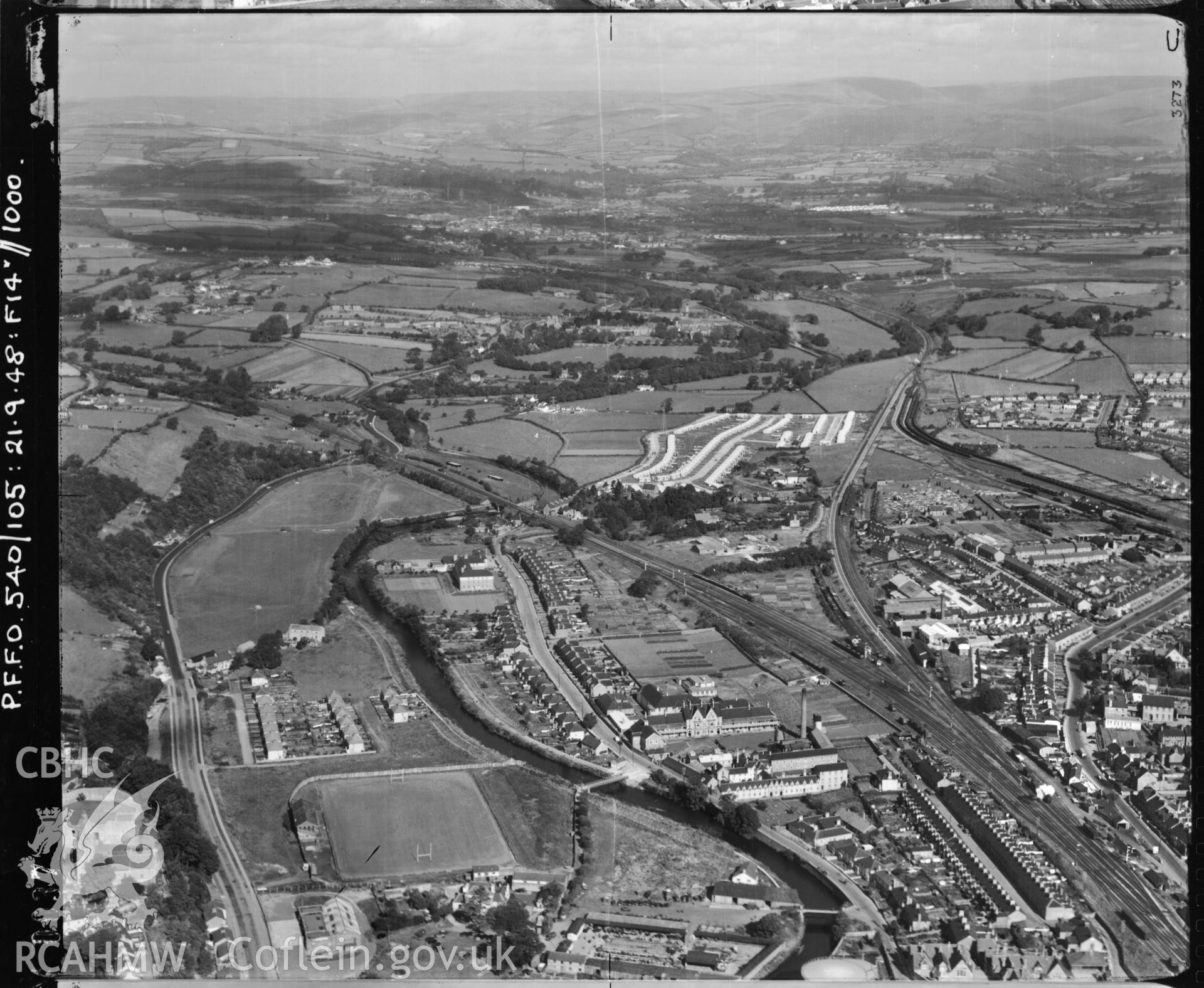 Black and white vertical aerial photograph taken by the RAF 1948 showing Bridgend, including Brewery Fields.