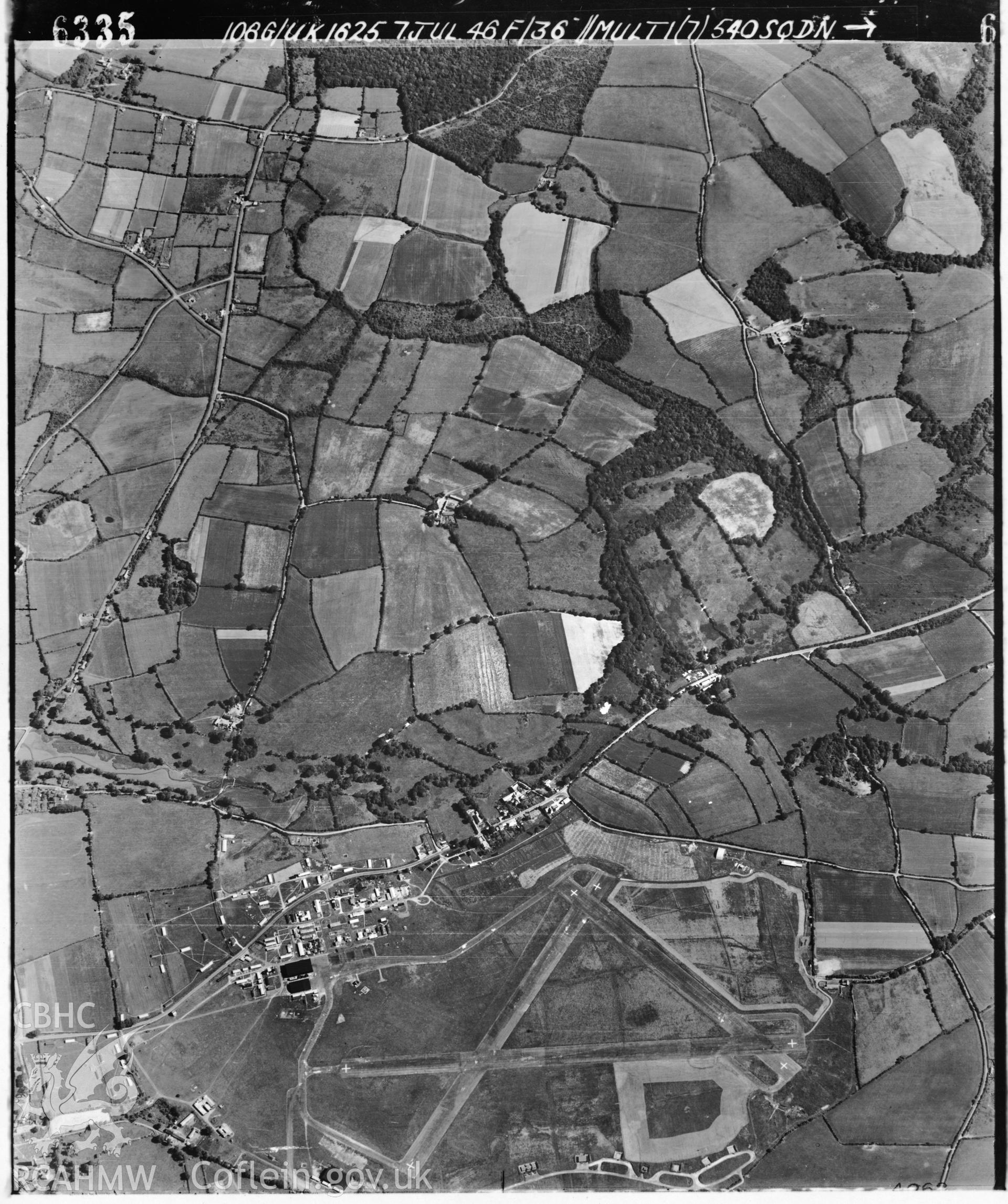 Black and white vertical aerial photograph taken by the RAF on 07/07/1946 centred on SN05980369 at a scale of 1:10000. The photograph includes part of Carew community in Pembrokeshire.