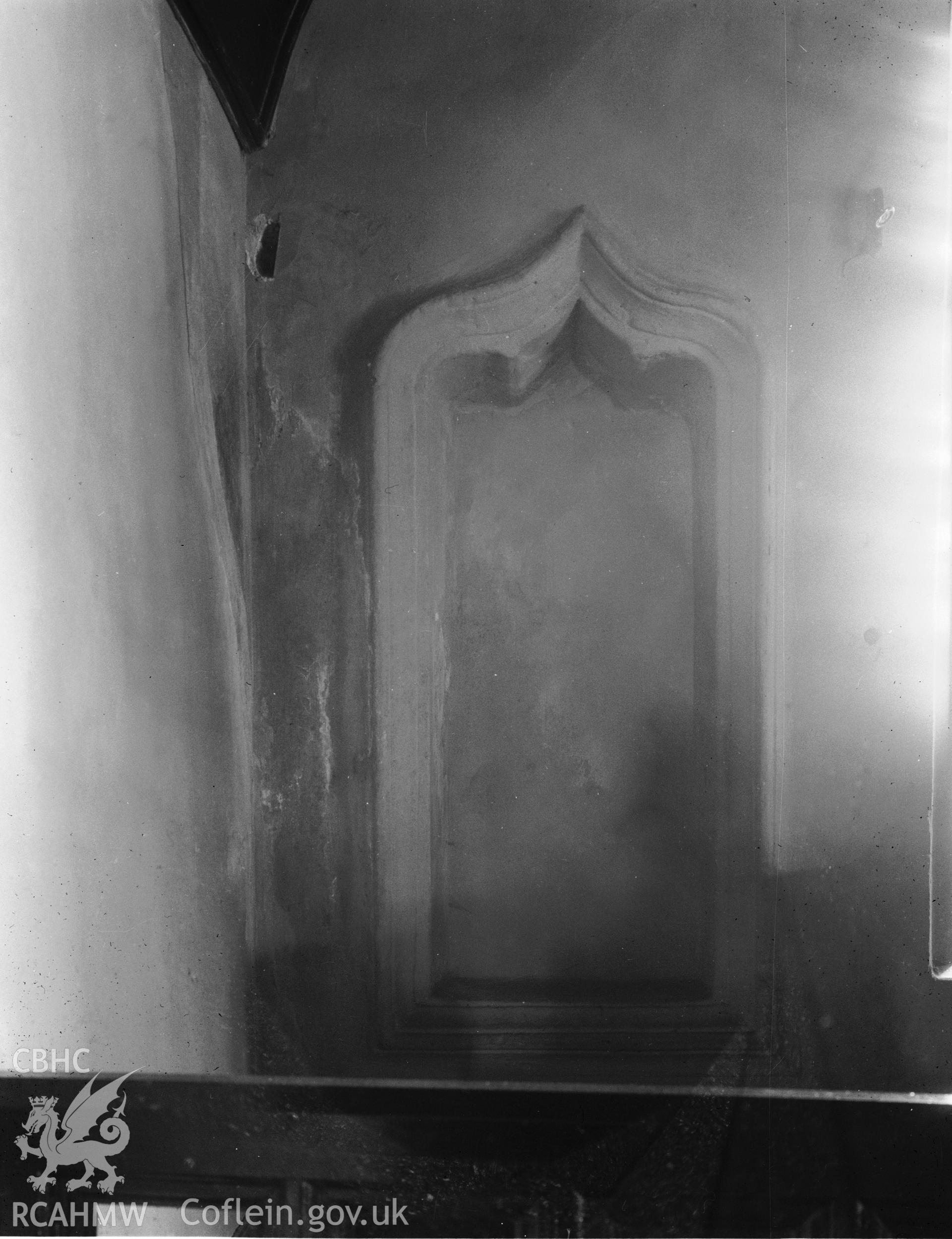 Digitised copy of a black and white negative showing stoup at St Mary's Church produced by RCAHMW, pre1960.