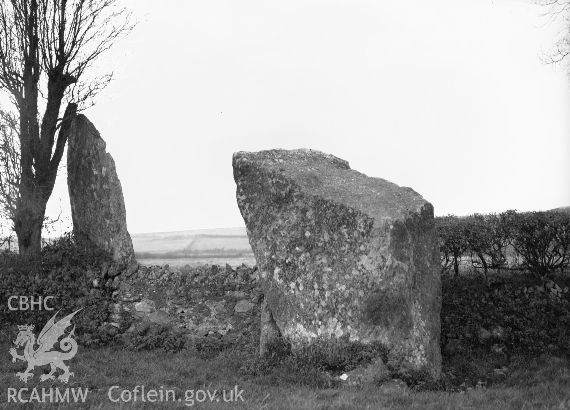 One black and white photograph showing Bryngwyn stone, taken by RCAHMW , before 1960.