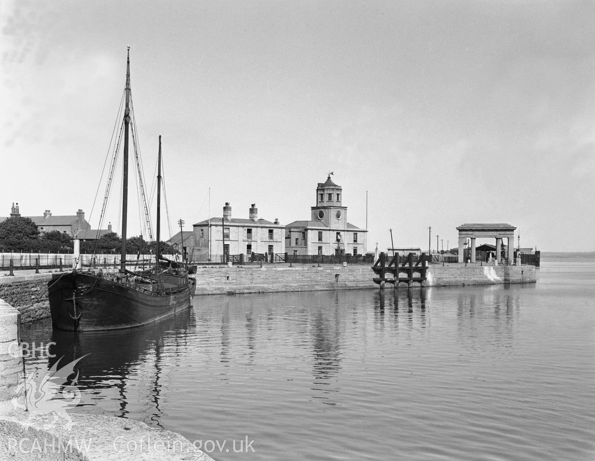 Digitised copy of a black and white negative showing Harbour Office at Holyhead, produced by RCAHMW before 1960.