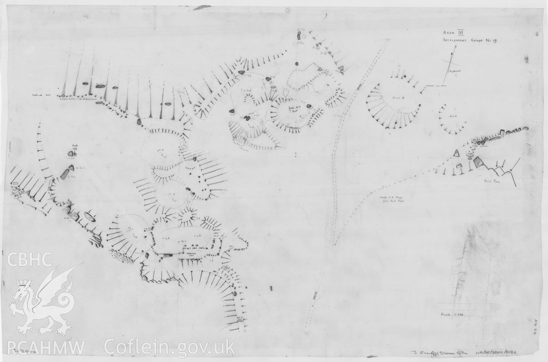 Preliminary drawing by John Evans showing settlement group 19 on Skomer Island, produced in the course of the 1985 field survey.